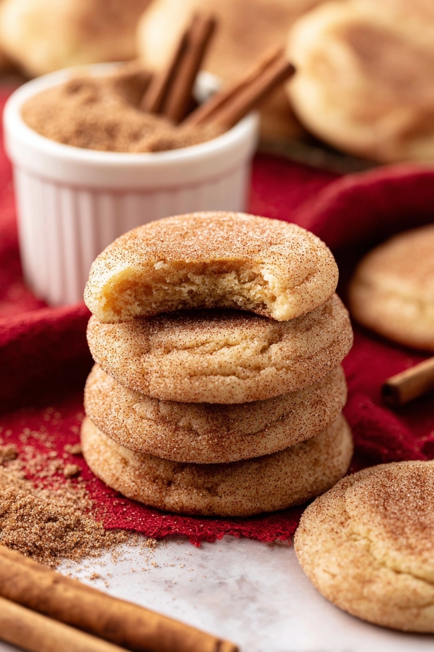 The image shows several round cookies with a golden brown top layer covered in a light dusting of cinnamon sugar, giving a grainy texture. One cookie is split in half, revealing a soft, crumbly beige interior with a slightly fluffy texture. The cookies rest on a dark red cloth, and next to them is a white bowl filled with cinnamon sugar, with a few cinnamon sticks placed around it. The surface under everything is white with a marbled texture. Photo taken with an iphone --ar 2:3 --v 7