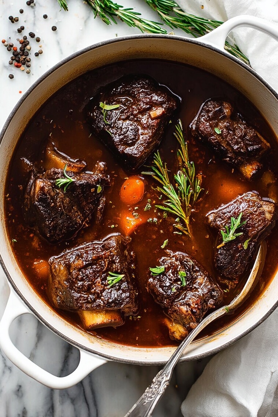 A white pot filled with five large pieces of dark brown cooked meat with visible bone ends, simmering in a deep brown sauce. Small orange carrot slices and sprigs of green rosemary float on top. The pot is on a white marbled surface with some scattered green herbs and black peppercorns nearby. A silver ladle is partially submerged in the sauce on the left side of the pot. The lighting highlights the rich textures and colors of the meat and sauce. Photo taken with an iphone --ar 2:3 --v 7