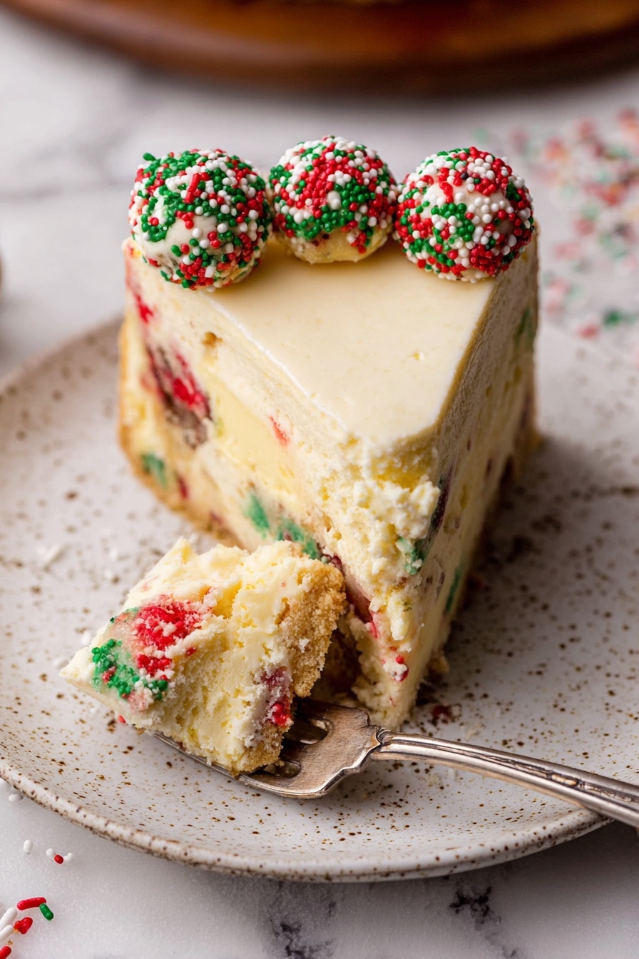 A single slice of cheesecake with a colorful, speckled cake layer at the bottom and around the edges, featuring red, green, and white spots; the main cheesecake layer is creamy and pale yellow with a smooth texture. The slice is placed on a white plate with brown speckles, and the side of the slice is decorated with white frosting and red, green, and white sprinkles. A small dough-like ball with sprinkles rests on the plate beside the slice, and a few sprinkles are scattered around. The background has a white marbled texture photo taken with an iphone --ar 2:3 --v 7