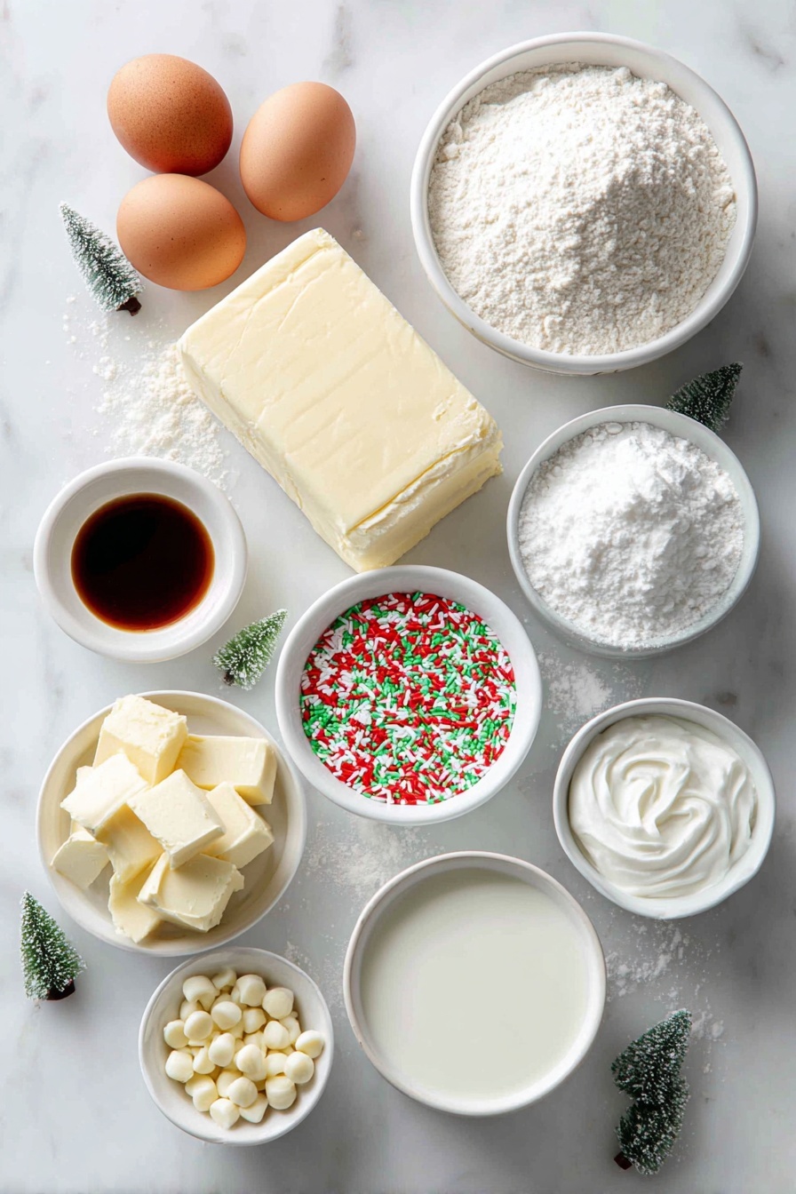 Flat lay of a small mound of all-purpose flour, a small pile of white granulated sugar, a few pinches of baking soda and salt, a block of unsalted butter with a smooth surface, two whole brown eggs with clean shells, a small white ceramic bowl of pure vanilla extract, a small white ceramic bowl filled with colorful Christmas jimmies sprinkles, a block of cream cheese with a clean cut edge, a small white ceramic bowl of sour cream, a small white ceramic bowl of heavy cream, a small white ceramic bowl of milk, a small white ceramic bowl of white chocolate chips, all arranged symmetrically and balanced on a clean white marble surface, soft natural light, photo taken with an iPhone, professional food photography style, fresh ingredients, white ceramic bowls, no bottles, no duplicates, no utensils, no packaging --ar 2:3 --v 7 --p m7354615311229779997