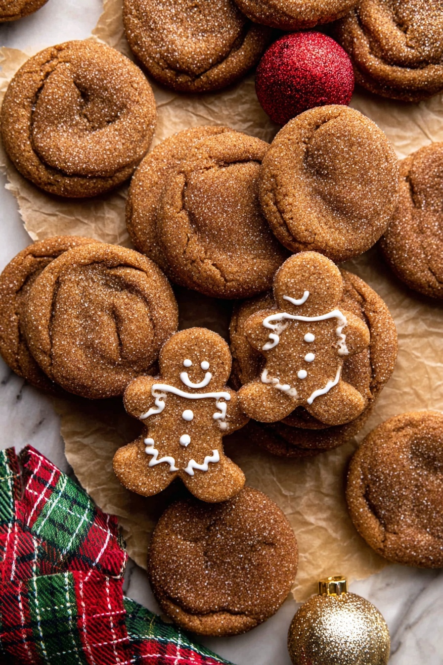 The image shows a pile of round brown cookies with a sugar sprinkle on top, each having a slightly cracked and textured surface. Mixed in among these cookies are two small gingerbread men decorated with white icing, showing smiles, buttons, and zigzag lines on arms and legs. There is a red and green plaid ribbon weaving through the cookies, along with a small red glittery ornament ball and a gold shiny ornament ball near the top. All items rest on brown parchment paper over a white marbled surface. Photo taken with an iphone --ar 2:3 --v 7