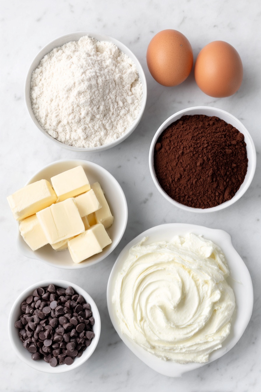 Flat lay of a small mound of all-purpose flour on a simple white ceramic plate, a small white ceramic bowl filled with dark Dutch process cocoa powder, a few small piles of light brown sugar and granulated white sugar side by side on a white ceramic dish, two whole uncracked brown eggs with clean shells resting on the surface, a small white bowl of unsalted softened butter, another small white ceramic bowl containing glossy semi-sweet chocolate chips, a small white bowl filled with heavy whipping cream, and a few loose nonpareils scattered neatly on the white marble surface, all arranged with perfect symmetry and balanced proportions, placed on a clean white marble surface, soft natural light, photo taken with an iPhone, professional food photography style, fresh ingredients, white ceramic bowls, no bottles, no duplicates, no utensils, no packaging --ar 2:3 --v 7 --p m7354615311229779997