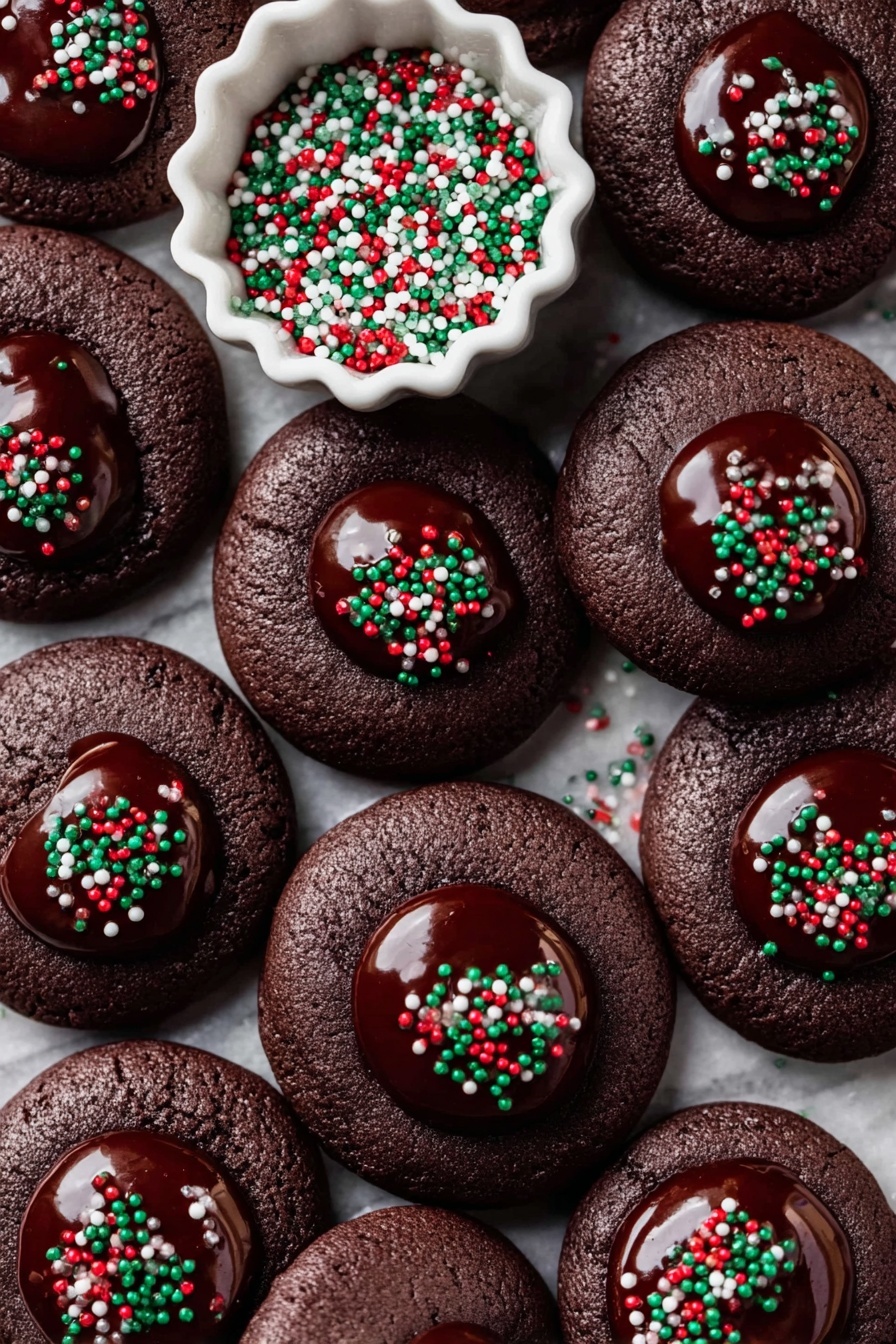 The image shows many dark chocolate cookies arranged closely together on a white marbled surface. Each cookie has a smooth, shiny layer of dark chocolate in the center, which is topped with small round sprinkles in red, white, and green colors. The cookies have a slightly rough texture around the edges and a glossy center that reflects light. Near the top, there is a small white scalloped bowl filled with the same red, white, and green sprinkles, adding a festive touch to the scene. The overall look is rich and inviting with a contrast between the dark cookies and bright sprinkles. photo taken with an iphone --ar 2:3 --v 7
