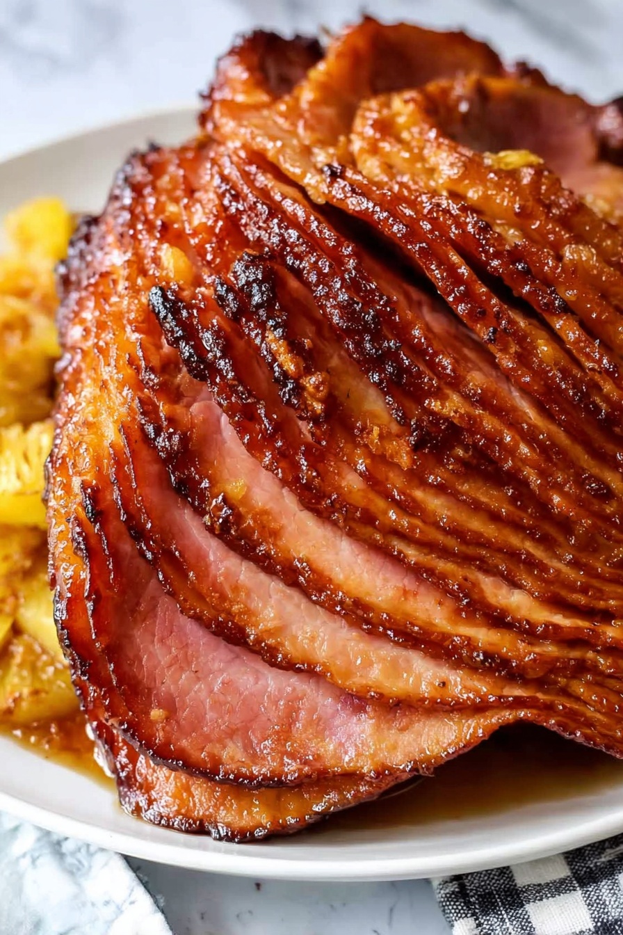 The image shows a close-up of a sliced baked ham on a white plate. The ham is sliced into many thin, even layers that fan out, showing a mix of shiny, golden-brown glazed edges and pinkish inner meat. The surface of the ham has a caramelized, slightly crispy texture with darker brown spots. The plate also has bits of cooked pineapple near the bottom left, adding a soft yellow contrast to the rich brown and pink colors of the ham. The background surface is a white marbled texture with a small part of a white and black checkered cloth visible at the bottom right. photo taken with an iphone --ar 2:3 --v 7