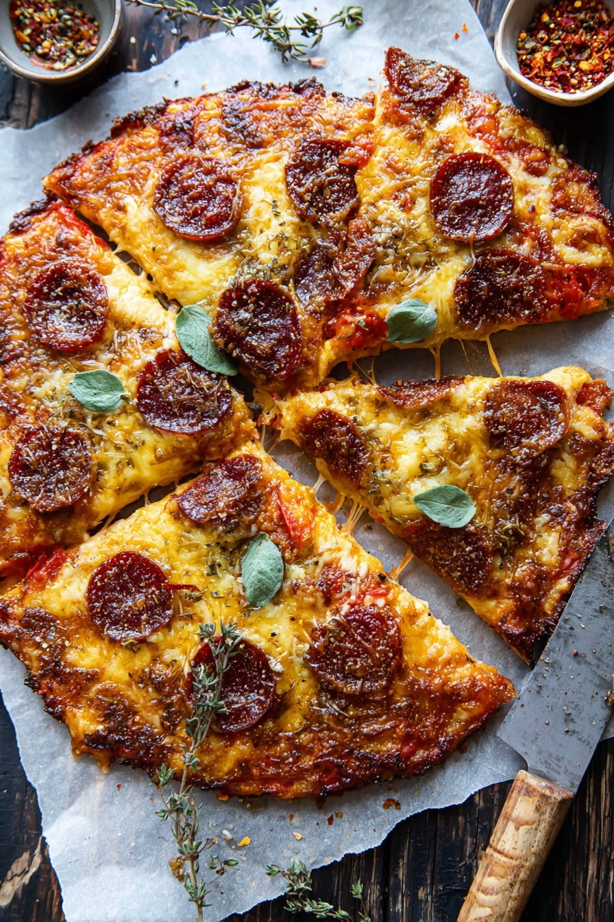 A round pizza is cut into six slices and placed on white parchment paper over a white marbled surface. The thin crust is golden brown with a slightly crispy texture. The first layer is a bright red tomato sauce spread evenly across the crust. On top, there is melted cheese with a mix of white and light orange colors, stretching slightly between slices. Round, dark brown pepperoni pieces are scattered on each slice. Small fresh green herb leaves are placed over the pizza, adding a touch of color. Near the pizza, a small white bowl contains crushed red pepper flakes, and some flakes are spilled on the surface. Photo taken with an iphone --ar 2:3 --v 7