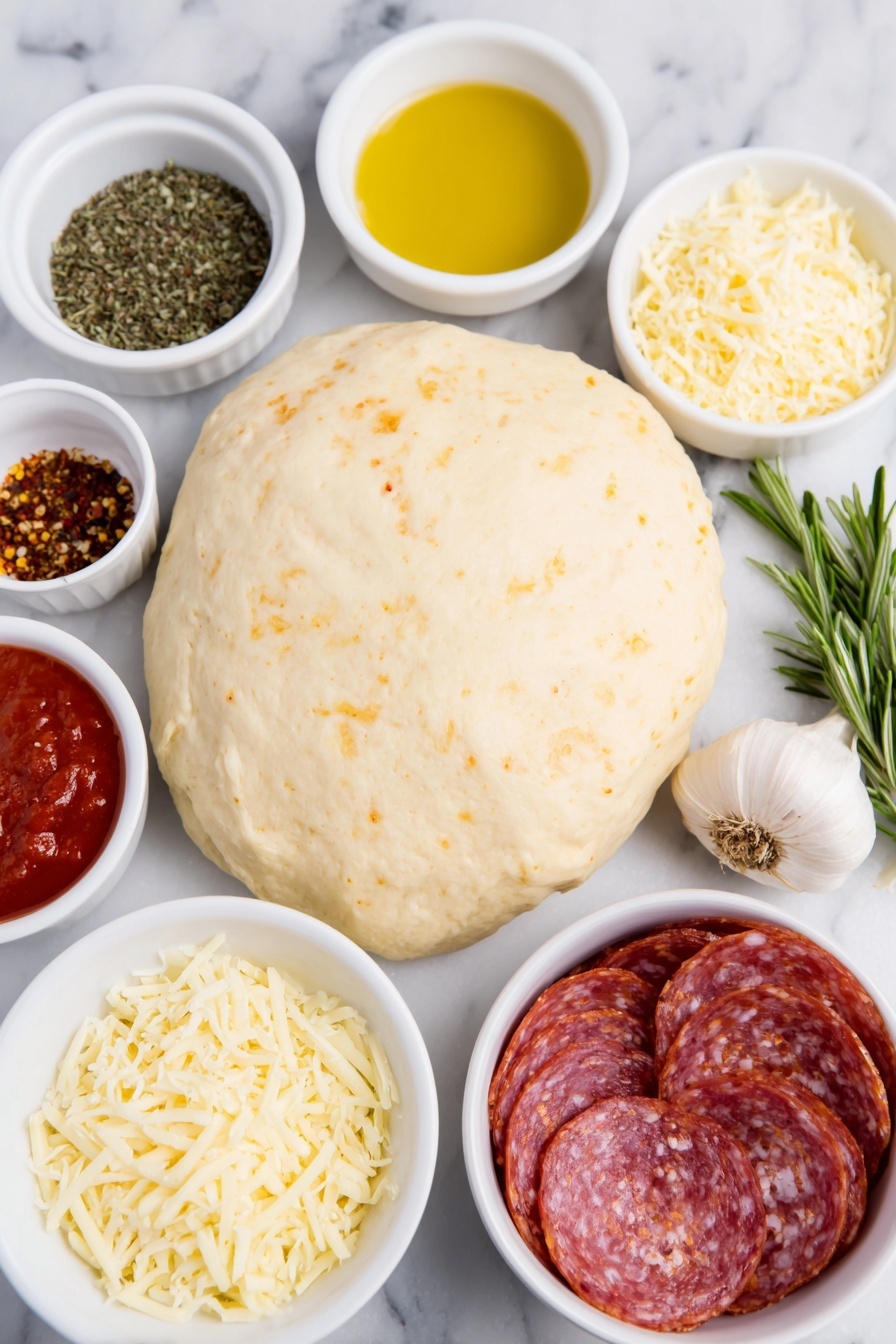 Flat lay of a smooth ball of pale pizza dough, a small white bowl of dried basil leaves, a small white bowl of dried oregano, a small white bowl of dried thyme, a small white bowl of dried rosemary, a small white bowl of crushed fennel seeds, a small white bowl of red pepper flakes, two cloves of fresh unpeeled garlic, a small white bowl with extra virgin olive oil, a small white bowl filled with shredded provolone cheese, a small white bowl filled with shredded whole milk mozzarella cheese, a small white bowl containing bright red marinara sauce, several slices of fresh pepperoni arranged neatly, a small white bowl of finely grated parmesan cheese, all ingredients arranged in perfect symmetry on a clean white marble surface, soft natural light, photo taken with an iPhone, professional food photography style, fresh ingredients, white ceramic bowls, no bottles, no duplicates, no utensils, no packaging --ar 2:3 --v 7 --p m7354615311229779997