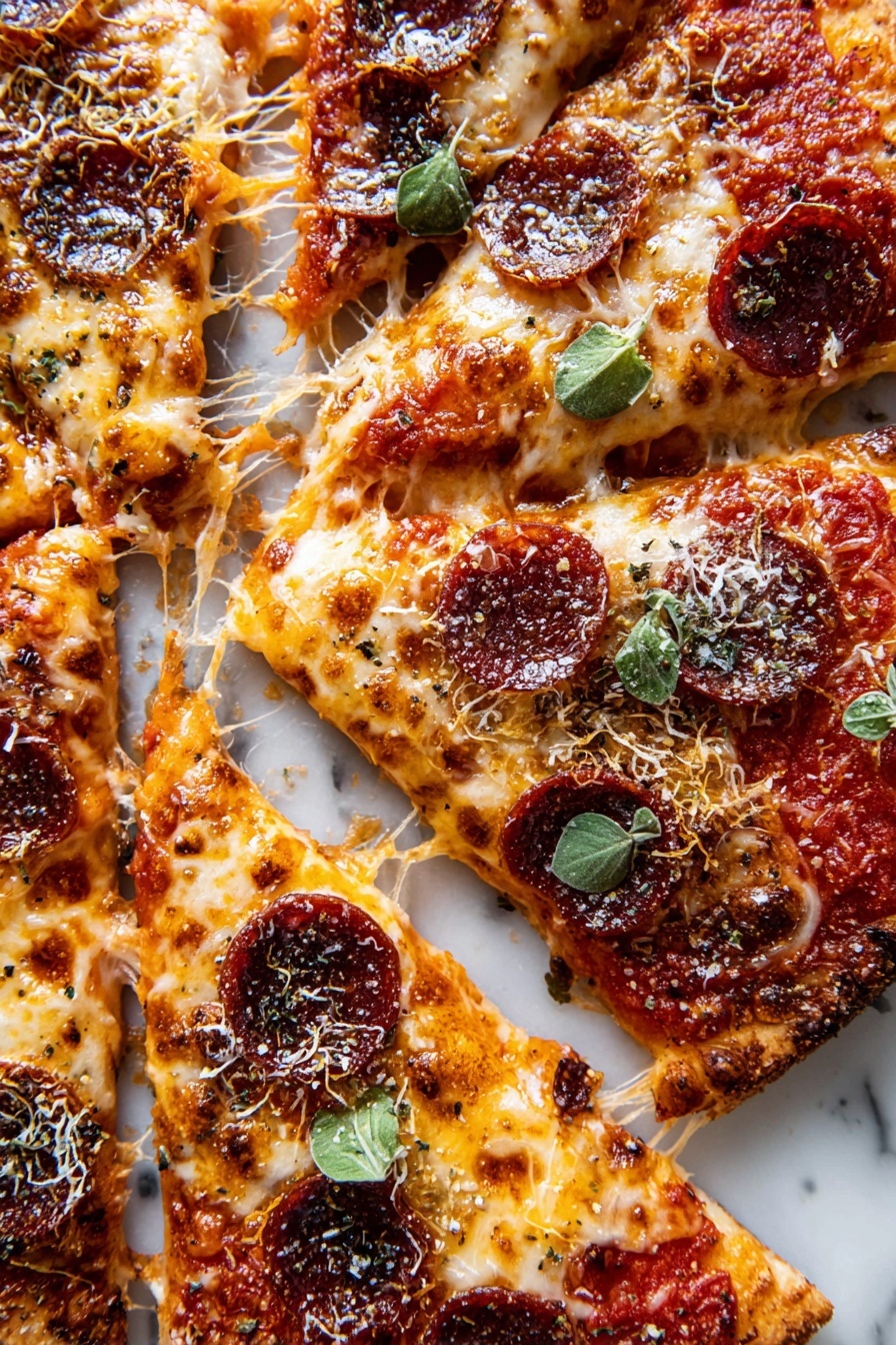 The image shows a close-up of a pepperoni pizza sliced into eight pieces on a white marbled surface. The pizza has three visible layers: a golden-brown crust layer at the bottom, a bright red tomato sauce layer with some texture in the middle, and a rich melted mozzarella cheese layer on top that is stretchy and slightly browned in spots. Scattered across the cheese are round, dark red pepperoni slices that appear crispy around the edges. Fresh green oregano leaves are placed on some slices, adding a pop of color. The pizza is sprinkled with grated Parmesan cheese and dried Italian herbs, giving it a speckled look. Some slices are slightly pulled apart, showing strings of melted cheese stretching between them. Photo taken with an iphone --ar 2:3 --v 7