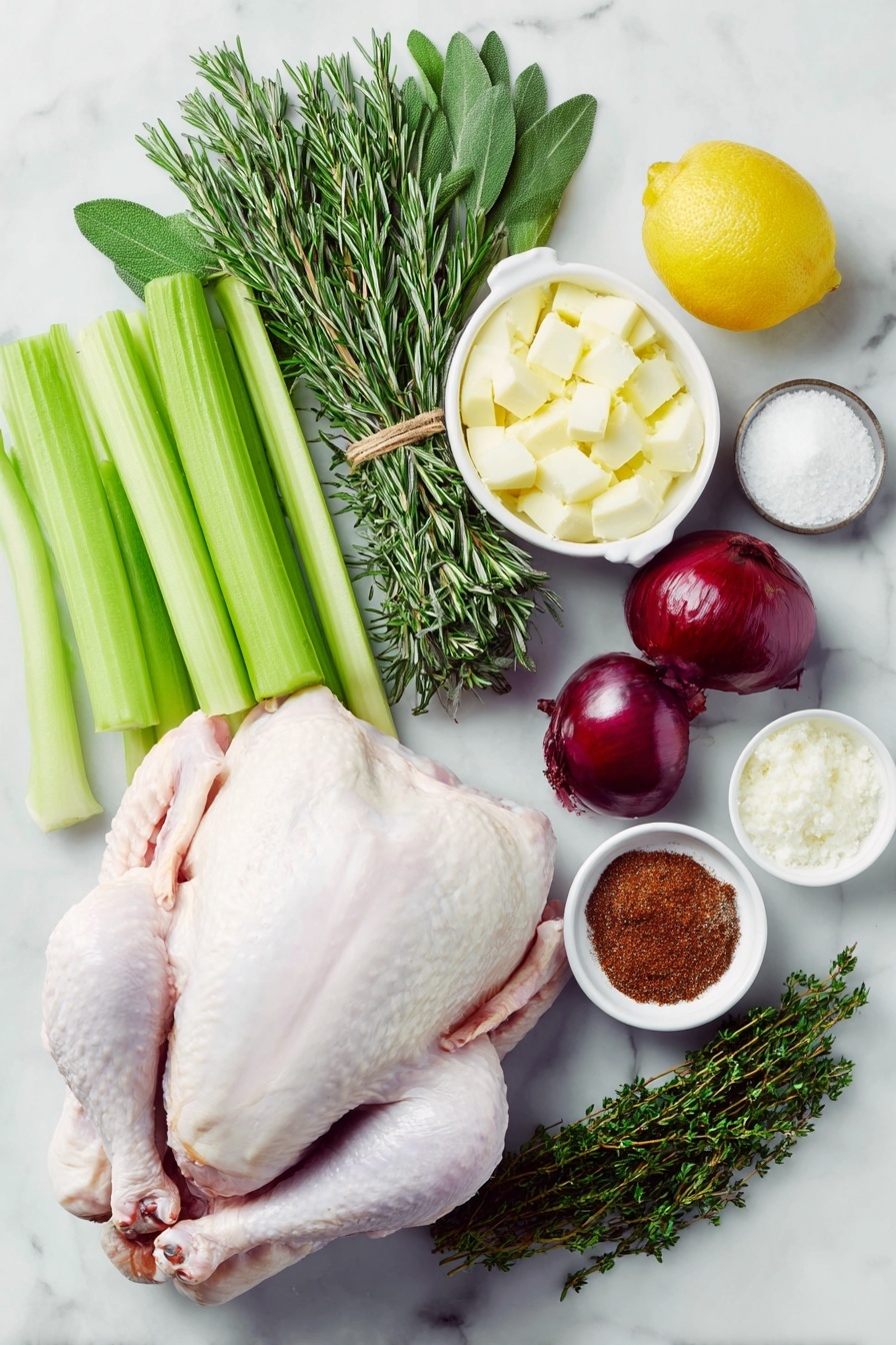 Flat lay of a whole fresh raw turkey with smooth pale skin and clean legs, two large yellow onions roughly chopped into uneven pieces, six fresh bright green celery stalks roughly chopped, six whole fresh orange carrots with leafy tops removed, a large lemon cut into four bright yellow wedges, a generous bundle of fresh hardy herbs including vibrant green rosemary sprigs, thyme sprigs, and sage leaves tied together, a small white ceramic bowl filled with coarse kosher salt, a small white ceramic bowl containing freshly ground black pepper, a small white ceramic bowl with dark packed brown sugar, a large white ceramic bowl holding pale creamy unsalted butter softened, fresh sprigs of rosemary finely chopped, a small white ceramic bowl with reddish-tan Creole Cajun seasoning powder, a small white ceramic bowl with yellow lemon pepper seasoning, a small white ceramic bowl with finely ground sage powder, a small white ceramic bowl with dried thyme leaves, and a small white ceramic bowl with fine ground allspice powder, all carefully arranged in perfect symmetry and balanced proportions placed on a clean white marble surface, soft natural light, photo taken with an iPhone, professional food photography style, fresh ingredients, white ceramic bowls, no bottles, no duplicates, no utensils, no packaging --ar 2:3 --v 7 --p m7354615311229779997