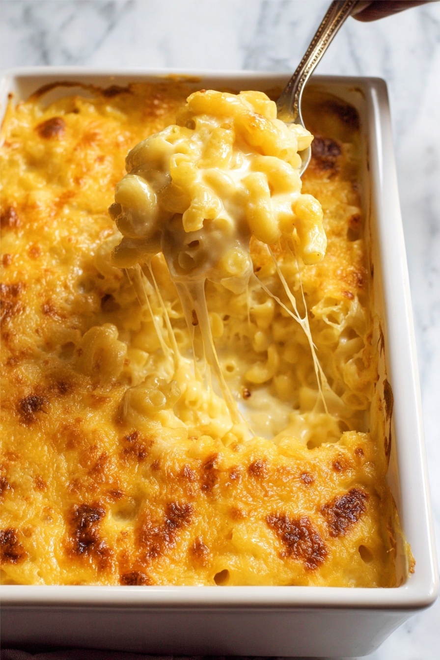 A white rectangular ceramic dish filled with a golden top layer of melted cheese, slightly browned at the edges, covers creamy macaroni noodles underneath. The middle layer shows gooey cheese stretching as a spoon lifts a serving of soft pasta with small, dense, hollow macaroni pieces coated in thick yellow cheese sauce. A woman's hand holds the spoon at the bottom right corner, pulling up the cheesy pasta from the dish, which sits on a white marbled surface. photo taken with an iphone --ar 2:3 --v 7