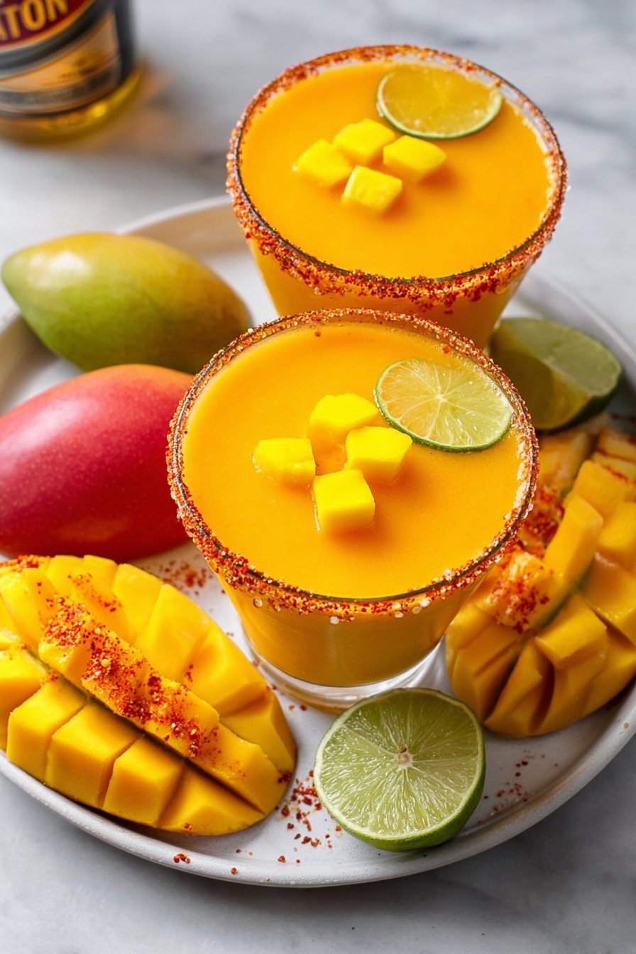 Two glasses filled with smooth, bright orange mango drinks are placed on a round white plate. Each glass is topped with three small yellow mango cubes and a slice of green lime on the surface. The rims of the glasses are coated with a red chili powder. Around the glasses on the plate are lime wedges sprinkled with chili powder, one whole red and green mango, and several slices of yellow mango, some sprinkled with red chili powder. The setting is on a white marbled surface with a bottle partially visible in the background. photo taken with an iphone --ar 2:3 --v 7