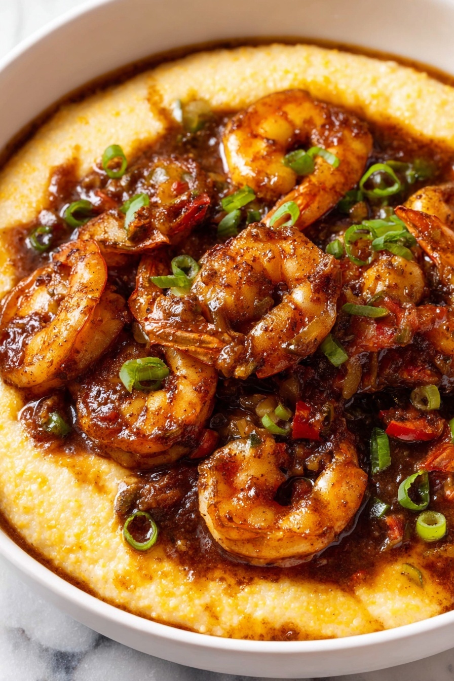 A white bowl holds a creamy, pale yellow layer of smooth grits as the base. On top, there are several browned shrimp coated in a glossy, dark brown sauce mixed with finely chopped red and green bell peppers and thin rings of green onions. The shrimp look juicy and are placed evenly over the grits, with the sauce slightly pooled around them, making the dish look rich and flavorful. The bowl sits on a white marbled surface. Photo taken with an iphone --ar 2:3 --v 7