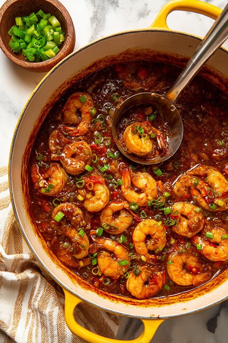 A yellow pot filled with cooked shrimp in a thick dark reddish-brown sauce with visible pieces of green onions, small red peppers, and finely chopped vegetables like carrots and green peppers mixed throughout. A large metal ladle rests inside the pot, partially submerged in the sauce, with shrimp around it. The pot is set on a white marbled surface with a beige and white striped cloth partially visible at the bottom left corner. A small brown bowl with green chopped peppers is also visible on the top left corner. The shrimp look plump and covered evenly with the sauce, giving a rich and thick texture. Photo taken with an iphone --ar 2:3 --v 7