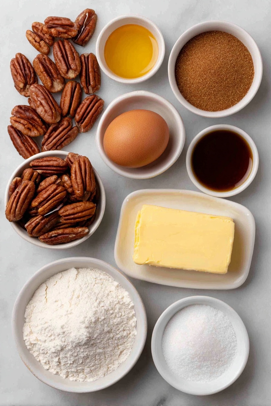 Flat lay of unshelled whole pecans scattered naturally, a few small white ceramic bowls containing light brown packed brown sugar, melted golden butter, dark amber corn syrup, creamy heavy whipping cream, and ground cinnamon, one whole large brown egg with clean shell, a small pile of off-white all-purpose flour, a mound of fine granulated sugar, a small heap of active dry yeast granules, a small bowl of warm whole milk, and a white ceramic dish holding softened pale yellow butter, all arranged symmetrically with balanced spacing, placed on a clean white marble surface, soft natural light, photo taken with an iPhone, professional food photography style, fresh ingredients, white ceramic bowls, no bottles, no duplicates, no utensils, no packaging --ar 2:3 --v 7 --p m7354615311229779997