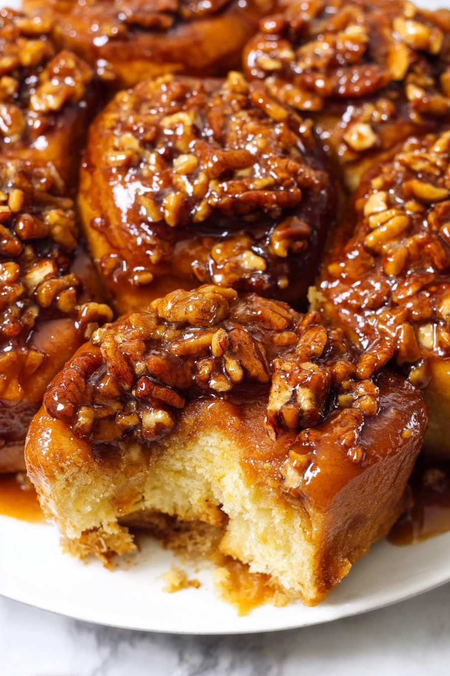 The image shows several pieces of sticky cinnamon rolls covered with a thick, glossy caramel sauce filled with chopped pecans, creating a rich texture on top. One roll is partly eaten, revealing soft, fluffy layers inside that are light yellow with swirls of cinnamon brown. The rolls sit close together on a white plate placed on a white marbled surface. The sauce glistens under the light, highlighting the rough pieces of nut and the smooth sheen of the syrupy topping. photo taken with an iphone --ar 2:3 --v 7