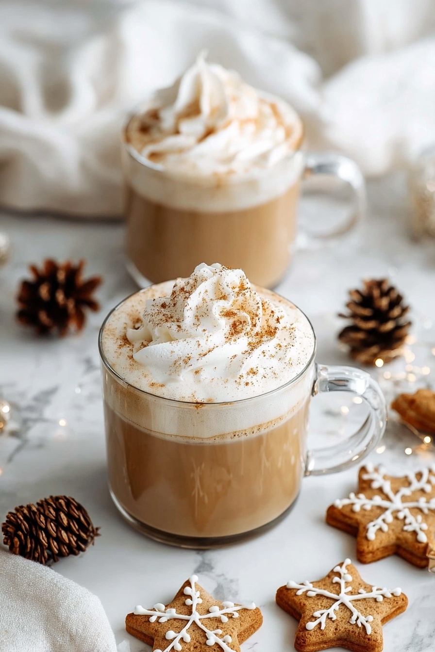 Two clear glass cups filled with light brown coffee topped with thick white whipped cream sprinkled with cinnamon are placed on a white marbled surface. Each cup holds one layer of creamy coffee, topped with a thick layer of whipped cream with a swirl shape and dusted with cinnamon powder. Around the cups are brown star-shaped cookies decorated with white icing and brown pine cones, creating a cozy and festive atmosphere. A white cloth with a soft texture is partially visible nearby. Photo taken with an iphone --ar 2:3 --v 7