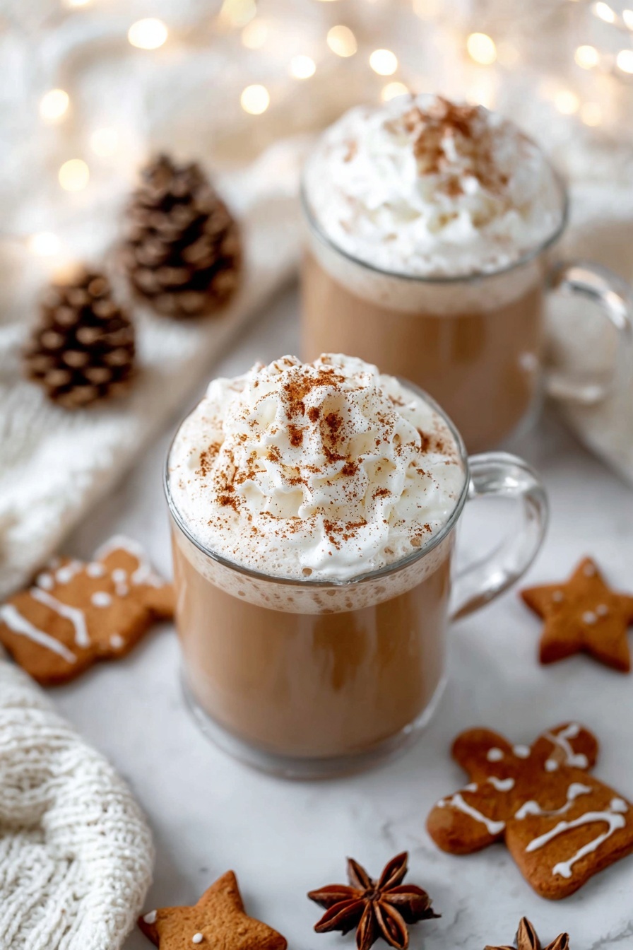Two clear glass mugs filled with a light brown frothy drink topped with a thick layer of white whipped cream sprinkled with brown cinnamon powder. The mugs are on a white marbled surface with cozy white knitted fabric, pinecones, brown star anise, and gingerbread cookies shaped like stars and fish scattered around. Warm fairy lights softly glow in the blurred background, creating a festive and cozy atmosphere. photo taken with an iphone --ar 2:3 --v 7