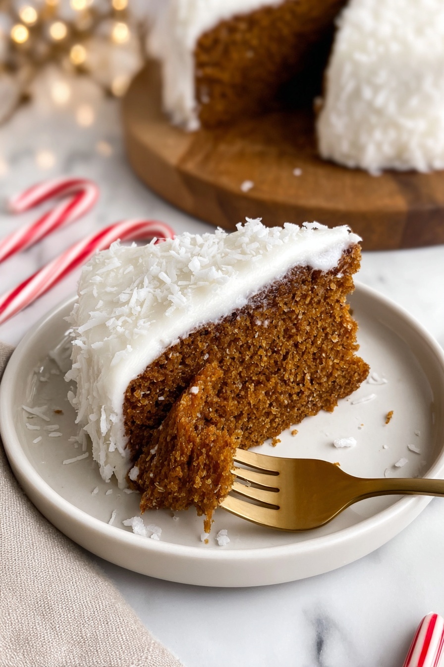 Two slices of brown cake with a soft texture sit stacked on a white plate. Between the two slices and covering the top edge is a thick white frosting layer, sprinkled with fine white flakes. The front slice leans slightly to show the moist, crumbly inside with a gold fork gently pressing into it. In the background, more of the cake with the same frosting is placed on a wooden board. Two red and white striped candy canes lie on a soft beige cloth, and the scene is set against a white marbled surface. Photo taken with an iphone --ar 2:3 --v 7