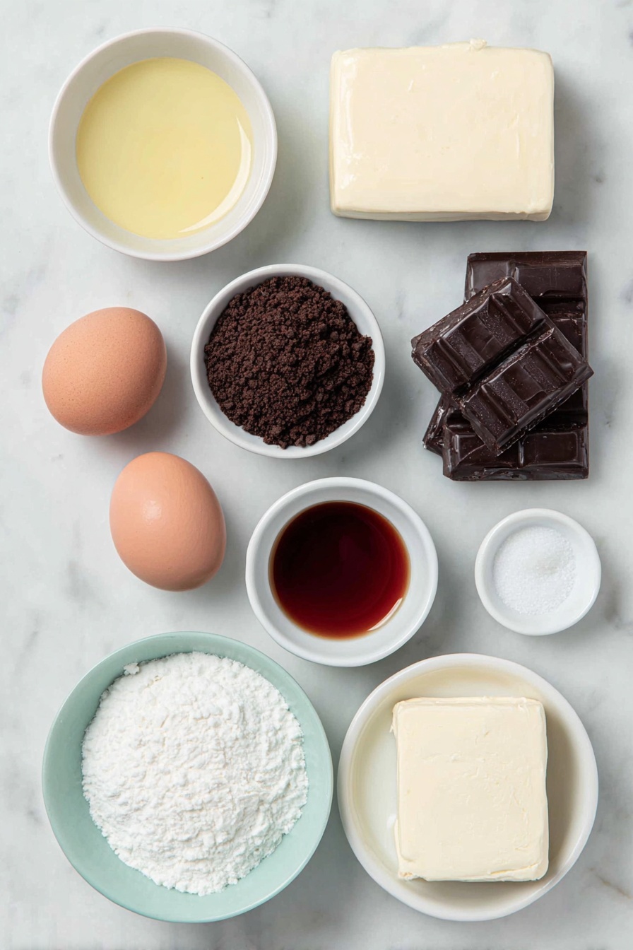 Flat lay of a small mound of chocolate sandwich cookie crumbs, a small pool of melted unsalted butter in a white ceramic bowl, a block of full-fat cream cheese, granulated sugar in a small white bowl, a small white bowl of full-fat sour cream, two whole uncracked brown eggs, a small white bowl with unsweetened cocoa powder, a small white bowl containing liquid red food coloring, a small white bowl with vanilla extract placed on a clean white marble surface, soft natural light, photo taken with an iPhone, professional food photography style, fresh ingredients, white ceramic bowls, no bottles, no duplicates, no utensils, no packaging --ar 2:3 --v 7 --p m7354615311229779997