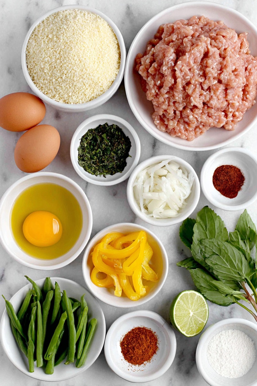 Flat lay of fresh ground chicken in a mound, two whole uncracked brown eggs, a small white ceramic bowl of plain panko breadcrumbs, one peeled shallot finely diced, a small white bowl with smooth ginger paste, a small white bowl with smooth garlic paste, a small pile of fresh chopped basil leaves, a small heap of dried basil leaves, a sprinkle of ground allspice, a sprinkle of smoked paprika, a pinch of kosher salt, fresh ground black peppercorns in a small pile, a small white bowl of golden olive oil, one whole red bell pepper sliced into strips, one whole yellow bell pepper sliced into strips, half a yellow onion sliced into half moons, two small white bowls containing garlic paste and ginger paste separately, a small white bowl with packed dark brown sugar, a small white bowl of creamy full-fat coconut milk, a small white bowl of clear chicken broth, a small white bowl of amber fish sauce, a small white bowl of fresh lime juice with a few lime wedges, a small pile of trimmed green beans, scallions and fresh cilantro sprigs for garnish, and a mound of fluffy jasmine rice, all arranged symmetrically and proportionally on simple white ceramic dishes and bowls, placed on a clean white marble surface, soft natural light, photo taken with an iPhone, professional food photography style, fresh ingredients, white ceramic bowls, no bottles, no duplicates, no utensils, no packaging --ar 2:3 --v 7 --p m7354615311229779997
