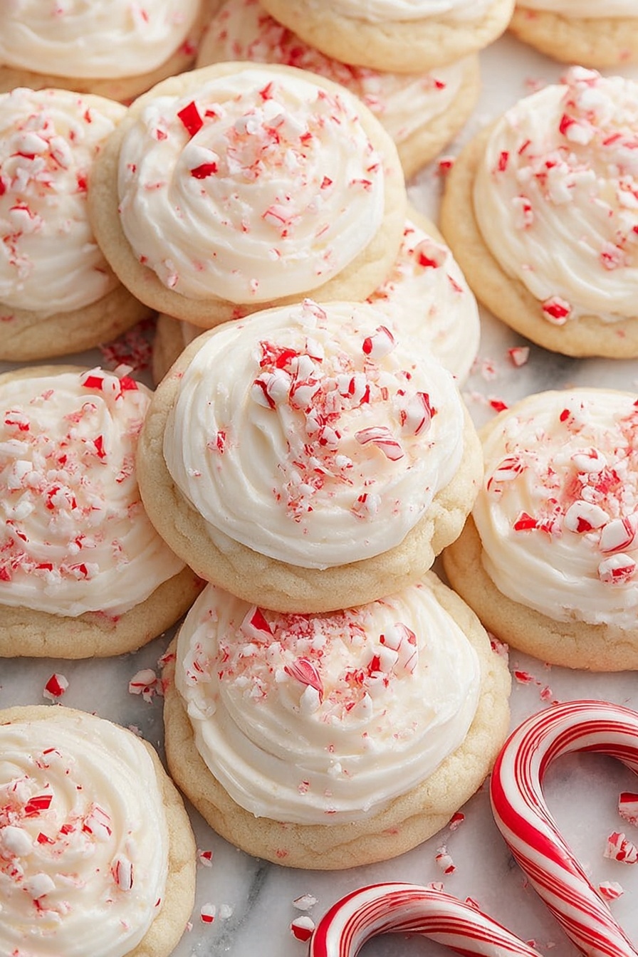 The image shows many round cookies with a light beige base layer that looks soft and thick. On top of each cookie is a swirl of white cream, smooth and slightly shiny. Scattered over the cream are small, uneven pieces of red and white peppermint candy, adding a crunchy texture and bright color. The cookies are close together, filling the frame and resting on a white marbled surface. Two whole red and white peppermint candies are visible at the bottom right corner. The scene gives a fresh and festive feel. photo taken with an iphone --ar 2:3 --v 7
