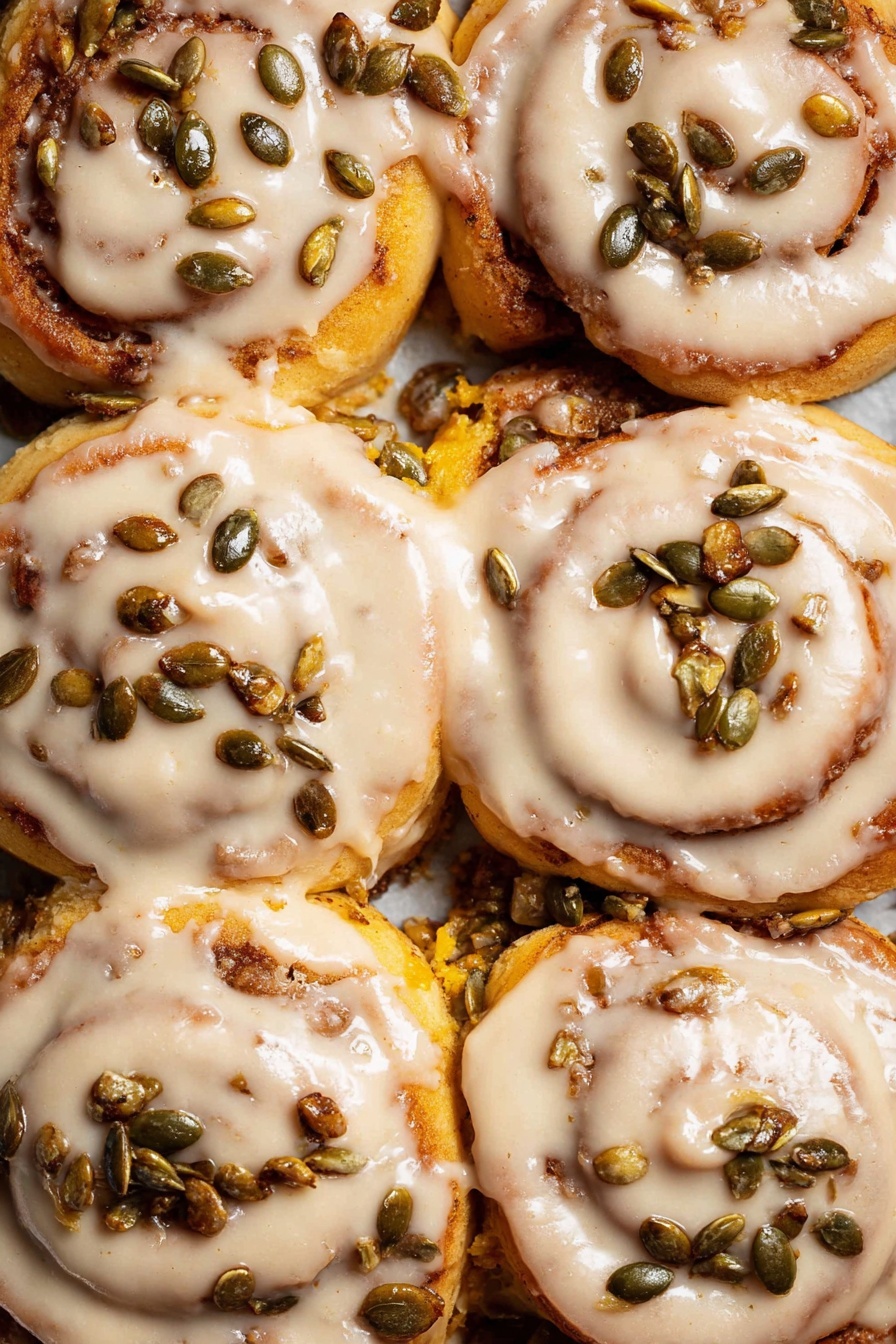 The image shows a close-up of several thick cinnamon rolls arranged next to each other on a white marbled surface, all covered with a smooth, creamy beige icing that has a slightly shiny texture. The rolls have a golden brown color peeking through the icing, showing their soft, fluffy layers. Scattered on top of the icing are small clusters of toasted pumpkin seeds, adding a crunchy texture and dark green to brown color contrast. The combination of the rolls, the icing, and the seeds creates a rich, inviting, and textured look. photo taken with an iphone --ar 2:3 --v 7