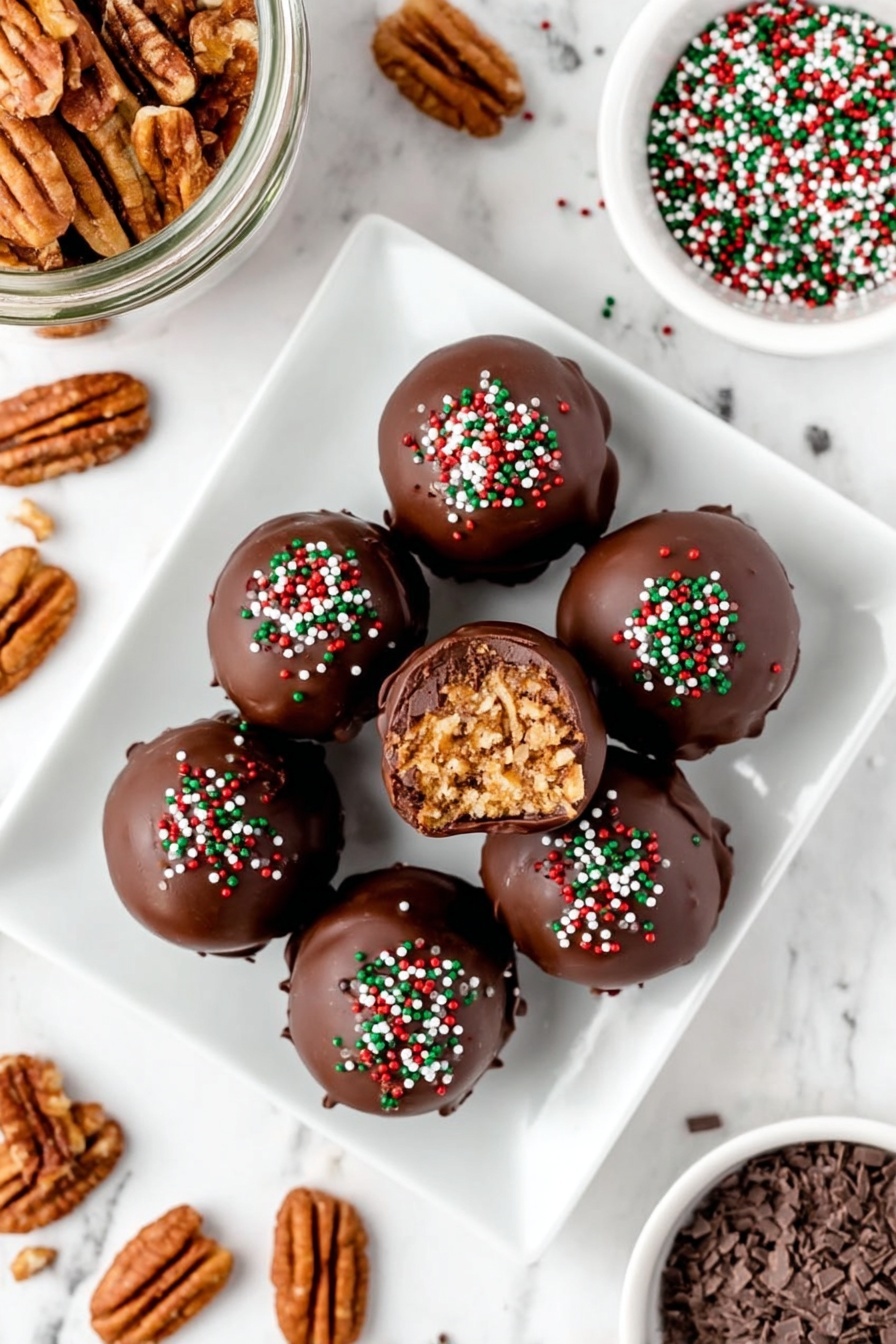 A white plate holds seven round chocolate-covered balls, each topped with small chocolate sprinkles. Six balls are whole while one is cut in half showing a light brown, crumbly inside with fine nut and cookie bits. Around the plate on white marbled surface are some pecans, chocolate sprinkles, and a jar filled with pecans on the left and a small white bowl filled with chocolate sprinkles on the right. The chocolate coating on the balls is smooth and shiny. Photo taken with an iphone --ar 2:3 --v 7