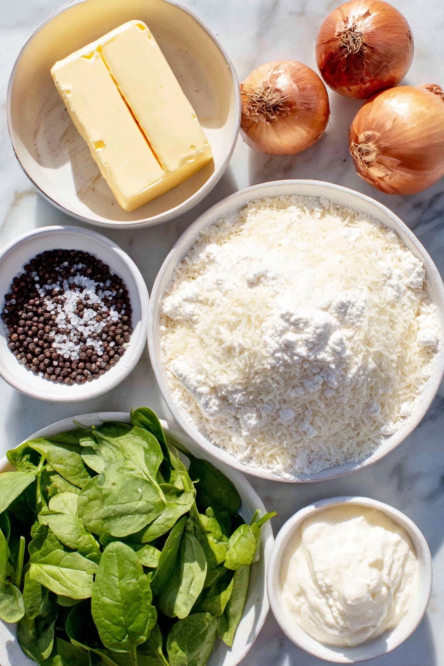 Flat lay of unsalted butter in a small white ceramic bowl, two whole uncracked brown shallots, coarse sea salt crystals in a small white ceramic bowl, black peppercorns in a small white ceramic bowl, two whole garlic cloves, all-purpose flour in a small white ceramic bowl, heavy cream in a small white ceramic bowl, freshly grated Parmesan cheese mound on a white ceramic plate, a generous bunch of fresh bright green spinach leaves, and a small white ceramic bowl with fresh lemon juice placed on a clean white marble surface, soft natural light, photo taken with an iPhone, professional food photography style, fresh ingredients, white ceramic bowls, no bottles, no duplicates, no utensils, no packaging --ar 2:3 --v 7 --p m7354615311229779997