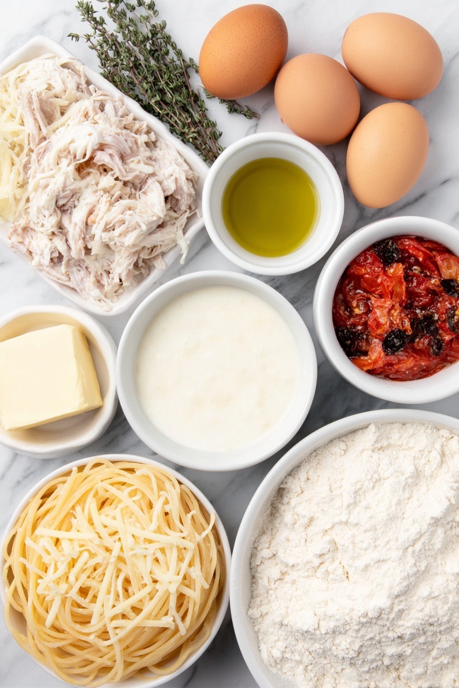 Flat lay of a small nest of uncooked spaghetti, a few garlic cloves with papery skins intact, a pat of golden butter on a white ceramic dish, a small white bowl of bright green olive oil, a dusting mound of pale all-purpose flour on a white plate, a small white bowl filled with rich creamy heavy cream, a small white bowl containing vibrant fire roasted tomatoes with juices, a small white bowl of golden chicken broth, a few whole brown eggs with clean shells, two small piles of finely grated sharp cheddar cheese and grated Parmesan cheese on white ceramic plates, a pile of shredded rotisserie chicken with moist texture, and a few dried herb sprigs including parsley, basil, and oregano arranged neatly nearby, all placed on a clean white marble surface, soft natural light, photo taken with an iPhone, professional food photography style, fresh ingredients, white ceramic bowls, no bottles, no duplicates, no utensils, no packaging --ar 2:3 --v 7 --p m7354615311229779997