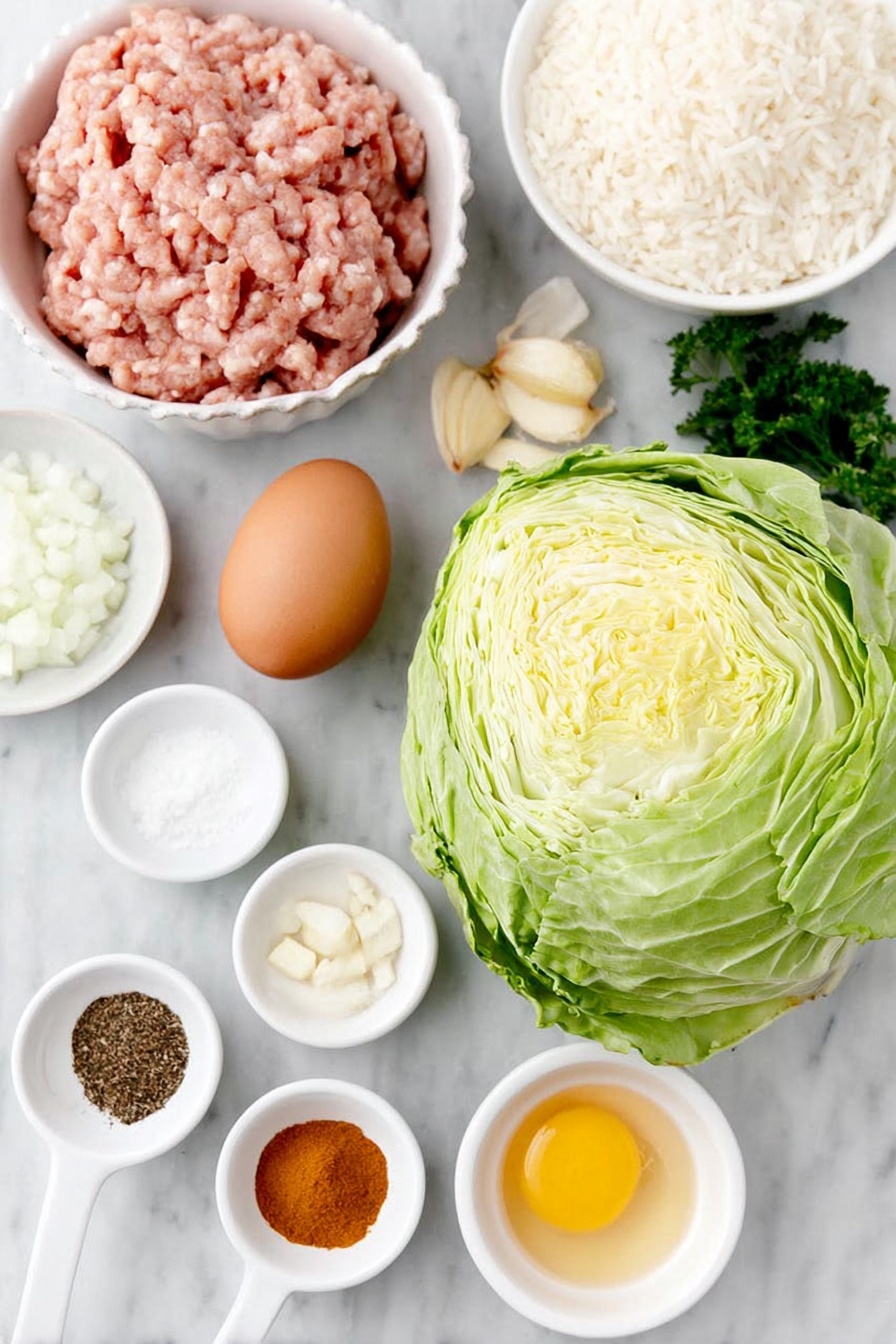 Flat lay of a whole head of fresh green cabbage with a few loose leaves, a small white ceramic bowl of cooked white rice, raw ground turkey shaped loosely into a mound, raw Italian sausage links without casings, one whole uncracked brown egg, a small white bowl of Italian bread crumbs, a small pile of diced red onion, four whole garlic cloves with papery skins, a small white bowl filled with crushed red tomatoes, a small white bowl of smooth tomato sauce, a sprinkle of sugar crystals on white ceramic plate, small piles of ground cumin and ground cinnamon on white ceramic spoons replaced by small white bowls, a small white bowl of clear chicken stock, a small bunch of fresh flat-leaf parsley with stems attached, and small piles of kosher salt and freshly cracked black peppercorns on white ceramic plates, all arranged with perfect symmetry and balanced proportions, placed on a clean white marble surface, soft natural light, photo taken with an iPhone, professional food photography style, fresh ingredients, white ceramic bowls, no bottles, no duplicates, no utensils, no packaging --ar 2:3 --v 7 --p m7354615311229779997