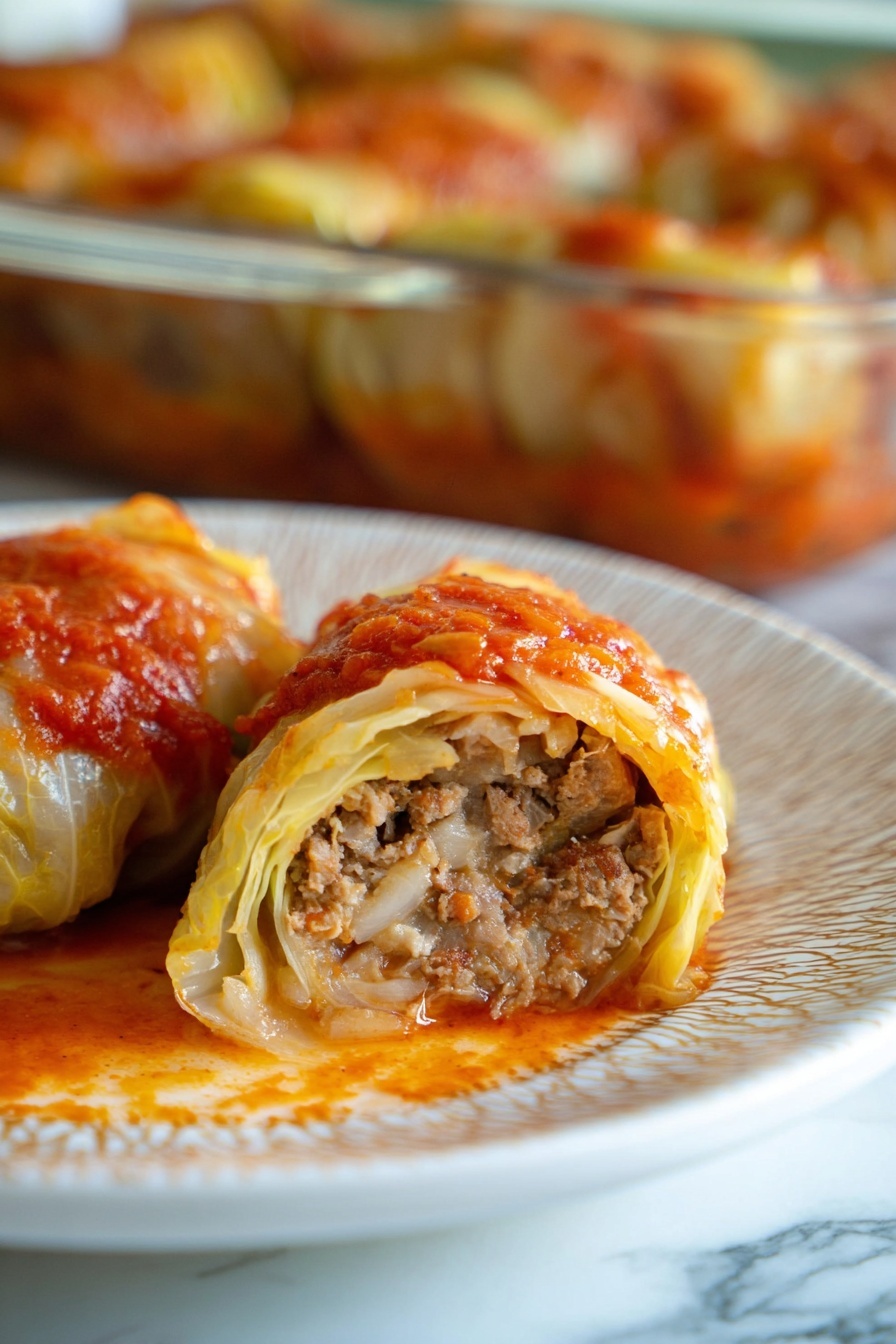 The image shows a close-up of stuffed cabbage rolls on a white plate with a light brown pattern, placed on a white marbled surface. The dish has several layers: the outer layer is pale yellow cooked cabbage leaves that are soft and slightly translucent, wrapping a filling. The filling inside is a mix of finely ground meat with small visible bits of onion, giving it a rough texture in light brown and beige colors. The rolls are covered partially with a thick red-orange tomato sauce that has a slightly chunky texture. There are more cabbage rolls visible in the background inside a clear glass baking dish. Photo taken with an iphone --ar 2:3 --v 7