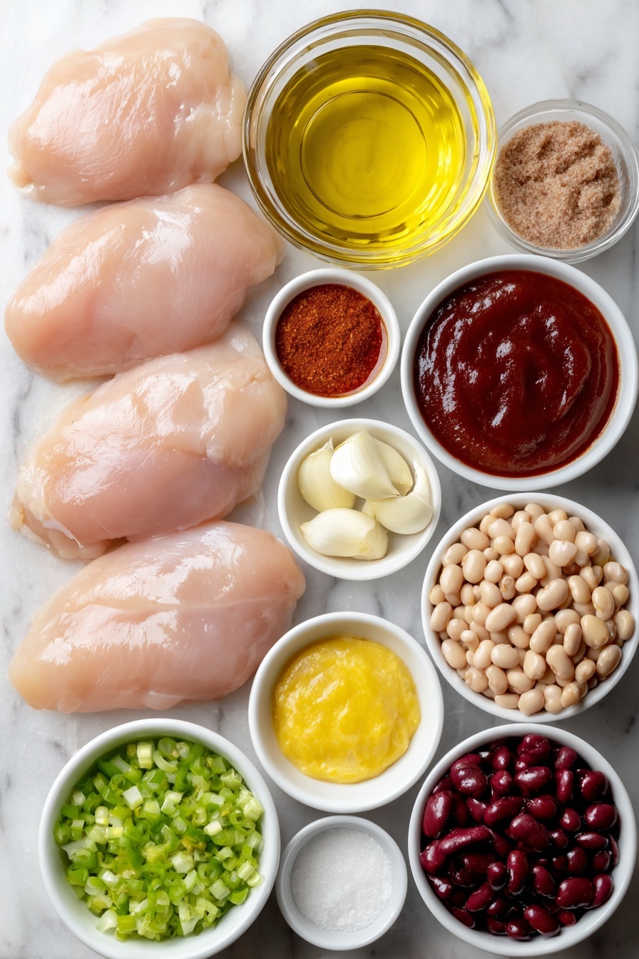 Flat lay of fresh raw chicken breasts neatly arranged, a small white ceramic bowl of golden olive oil, four whole uncracked garlic cloves, a small peeled and diced white onion, a small white bowl filled with thick red ketchup, a small white bowl holding light brown granulated brown sugar, a small white bowl of amber apple cider vinegar, a small white bowl of dark Worcestershire sauce, a small white bowl of smooth yellow mustard, three small white bowls each containing fresh rinsed cannellini beans, kidney beans, and pinto beans respectively, a small white bowl with finely diced fresh green chilies, a small white bowl of dark mesquite liquid smoke, three small white bowls with chili powder, ground cumin, and smoked paprika powders, a small white bowl with salt, a small white bowl with black pepper, a small white bowl showing low sodium chicken broth mixed with cornstarch, all ingredients spaced symmetrically and balanced, placed on a clean white marble surface, soft natural light, photo taken with an iPhone, professional food photography style, fresh ingredients, white ceramic bowls, no bottles, no duplicates, no utensils, no packaging --ar 2:3 --v 7 --p m7354615311229779997