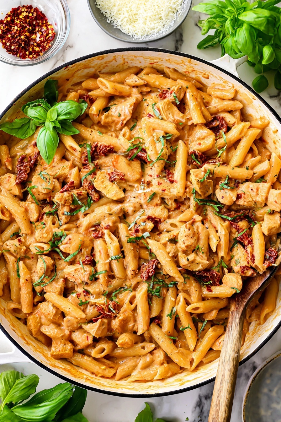 A large white pan filled with creamy orange pasta sauce coating short penne pasta and chunks of light brown cooked chicken, with small pieces of sun-dried tomatoes mixed in. The dish is garnished with finely chopped green herbs and a few fresh basil leaves scattered on top. A wooden spoon rests on the right side, partially covered in the sauce. Around the pan, fresh green basil leaves and bowls with white grated cheese and red chili flakes can be seen on a white marbled surface. The sauce looks rich and smooth, covering every piece of pasta and chicken evenly. Photo taken with an iphone --ar 2:3 --v 7