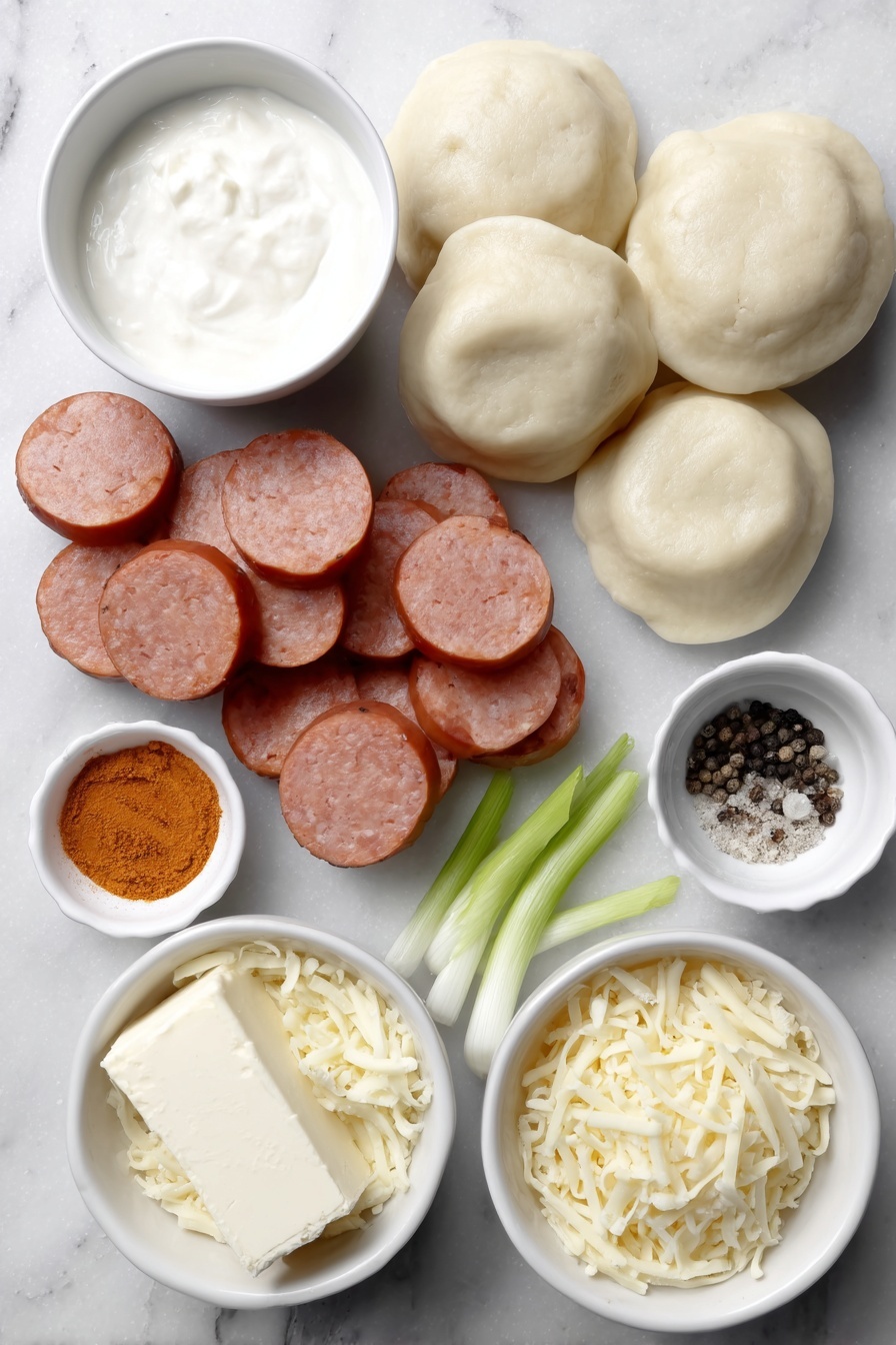 Flat lay of sliced kielbasa sausage arranged in a neat row, a small pile of uncooked pierogies with smooth dough, a block of cream cheese with a slight sheen, a small white bowl filled with thick sour cream, a small white bowl holding clear chicken broth, scattered loose onion powder and garlic powder on the surface, a small white bowl of coarse salt, a small white bowl of cracked black peppercorns, a pile of shredded sharp cheddar cheese, a pile of shredded mozzarella cheese, and a few fresh sliced green onions with bright green tops and white bases, all placed on simple white ceramic bowls or directly on the surface, perfectly symmetrical and balanced, placed on a clean white marble surface, soft natural light, photo taken with an iPhone, professional food photography style, fresh ingredients, white ceramic bowls, no bottles, no duplicates, no utensils, no packaging --ar 2:3 --v 7 --p m7354615311229779997