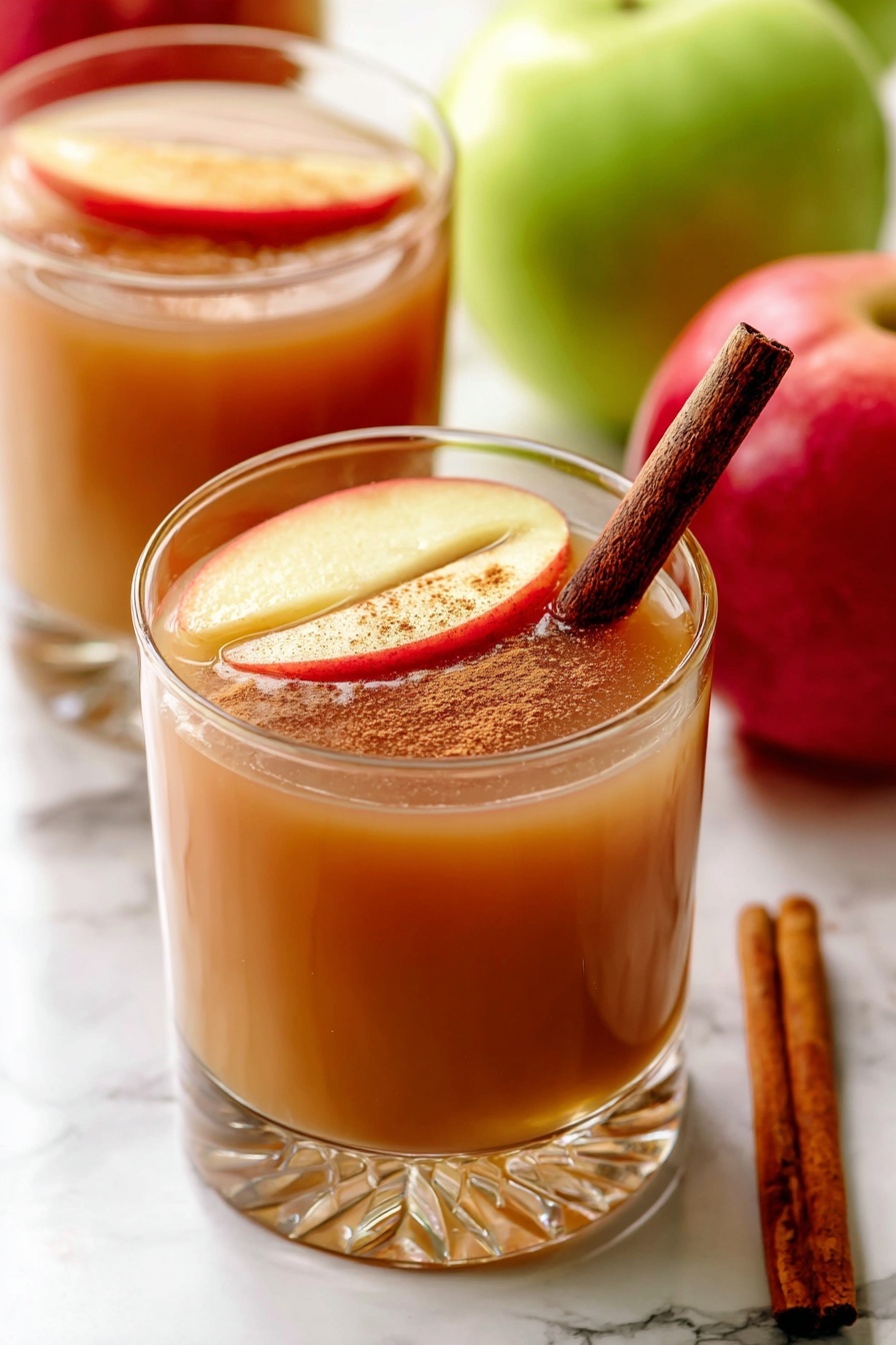 The image shows a clear glass filled with light brown apple cider. Inside the glass, there are two thin, curved slices of red apple resting on the surface, sprinkled with a light dusting of brown cinnamon powder. A dark brown cinnamon stick is standing in the glass on one side. Behind the main glass, there's a similar glass with the same drink and apple slices, slightly out of focus. The glasses are placed on a white marbled surface, with three whole apples (green and red) blurred in the background. A cinnamon stick is lying on the white marbled surface near the glass. Photo taken with an iphone --ar 2:3 --v 7