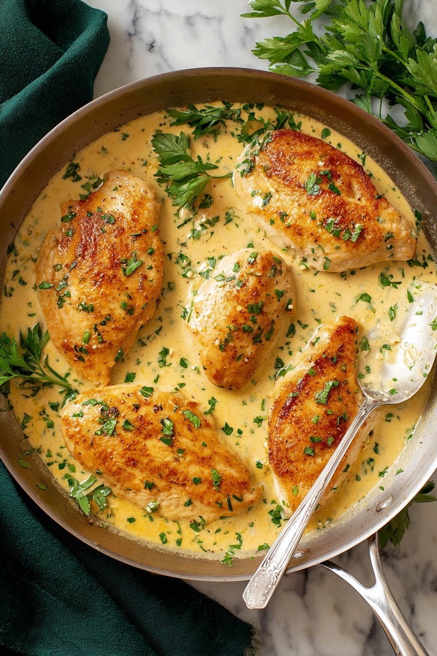 A pan filled with four golden brown chicken pieces, each topped with a smooth, light yellow creamy sauce with small green parsley pieces sprinkled on top. The chicken is arranged in a loose square, surrounded by the sauce that has a slightly thick texture. A silver spoon rests on the right side of the pan, partially covered in the sauce. Fresh parsley sprigs are placed around the chicken for garnish, and the pan sits on a white marbled surface with a dark green cloth partially visible underneath. Photo taken with an iphone --ar 2:3 --v 7