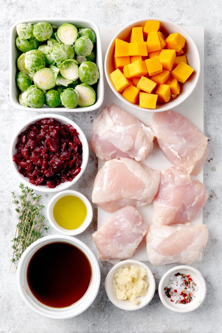 Flat lay of six raw boneless skinless chicken thighs neatly arranged, a small pile of bright orange butternut squash cubes, fresh green Brussels sprouts halved lengthwise, thin slices of vibrant deep red onion, a small white ceramic bowl of golden olive oil, another white ceramic bowl holding dark amber maple syrup, a third bowl with glossy dark soy sauce, a bowl containing fresh grated pale yellow ginger, a tiny white bowl with red pepper flakes, fresh thyme sprigs with small green leaves scattered naturally, and a small bowl of coarse salt and cracked black pepper placed symmetrically, all ingredients fresh and natural, placed on a clean white marble surface, soft natural light, photo taken with an iPhone, professional food photography style, fresh ingredients, white ceramic bowls, no bottles, no duplicates, no utensils, no packaging --ar 2:3 --v 7 --p m7354615311229779997