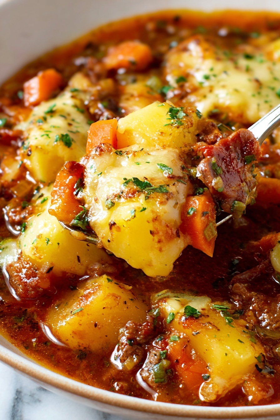 A close-up view of a rich stew in a white bowl, showing chunky layers of soft yellow potato pieces covered with melted cheese that is light golden with a smooth, slightly glossy texture. The potatoes rest in a thick, dark reddish-brown sauce mixed with small pieces of browned meat and bright orange carrot chunks, with hints of green herbs sprinkled on top. Small bits of celery and tomato also appear in the sauce, creating a hearty and colorful mix. A silver spoon scoops some of the stew, highlighting the steam and glossy shine of the hot, savory dish, all placed on a white marbled surface. Photo taken with an iphone --ar 2:3 --v 7