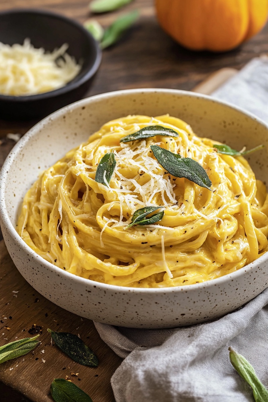 A white speckled bowl filled with creamy yellow pasta noodles swirled neatly in the center with a smooth, rich sauce coating each strand. On top, scattered thin shavings of pale off-white cheese are layered with fresh green sage leaves, adding a pop of color and texture. The bowl sits on a rustic wooden surface with a light gray cloth partially visible on the side, along with a small black bowl of shredded cheese and a small pumpkin in the blurred background. photo taken with an iphone --ar 2:3 --v 7