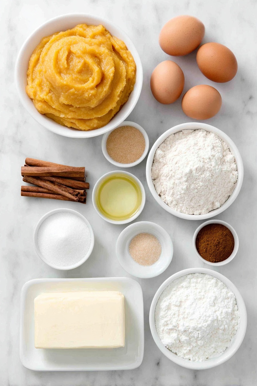 Flat lay of a smooth mound of bright orange pumpkin puree in a simple white ceramic bowl, three large uncracked brown eggs with clean shells arranged neatly, a small white bowl filled with clear neutral oil, a small white bowl piled with white granulated sugar, a small white bowl holding light brown sugar, a small white bowl containing golden vanilla extract, a small white ceramic bowl heaped with fine all-purpose flour, a few scattered light brown cinnamon sticks alongside a small white bowl of ground cinnamon, a small white bowl with coarse kosher salt, a small white bowl of baking soda, a small white bowl of baking powder, a soft block of cream cheese placed on a white ceramic dish, a small white bowl with pale unsalted butter, and a small white bowl mounded with sifted powdered sugar, all arranged in perfect symmetry and balanced proportions, placed on a clean white marble surface, soft natural light, photo taken with an iPhone, professional food photography style, fresh ingredients, white ceramic bowls, no bottles, no duplicates, no utensils, no packaging --ar 2:3 --v 7 --p m7354615311229779997
