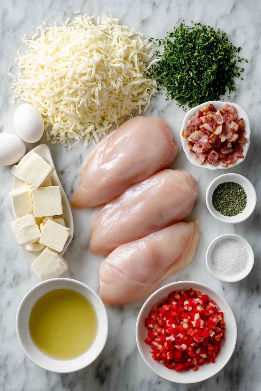 Flat lay of four medium raw chicken breasts, a small mound of fresh small chopped broccoli florets, a heaping pile of freshly shredded sharp cheddar cheese, a block of softened cream cheese, finely diced red bell pepper pieces, crispy chopped cooked bacon strips, dried parsley, dried chives, and dried dill herbs in small neat piles, a small white ceramic bowl of golden olive oil, a small white ceramic bowl of low sodium chicken broth, a small white ceramic bowl with mixed garlic powder, salt, onion powder, paprika, and pepper, and four whole clean uncracked brown eggs, all arranged symmetrically and balanced on a clean white marble surface, soft natural light, photo taken with an iPhone, professional food photography style, fresh ingredients, white ceramic bowls, no bottles, no duplicates, no utensils, no packaging --ar 2:3 --v 7 --p m7354615311229779997