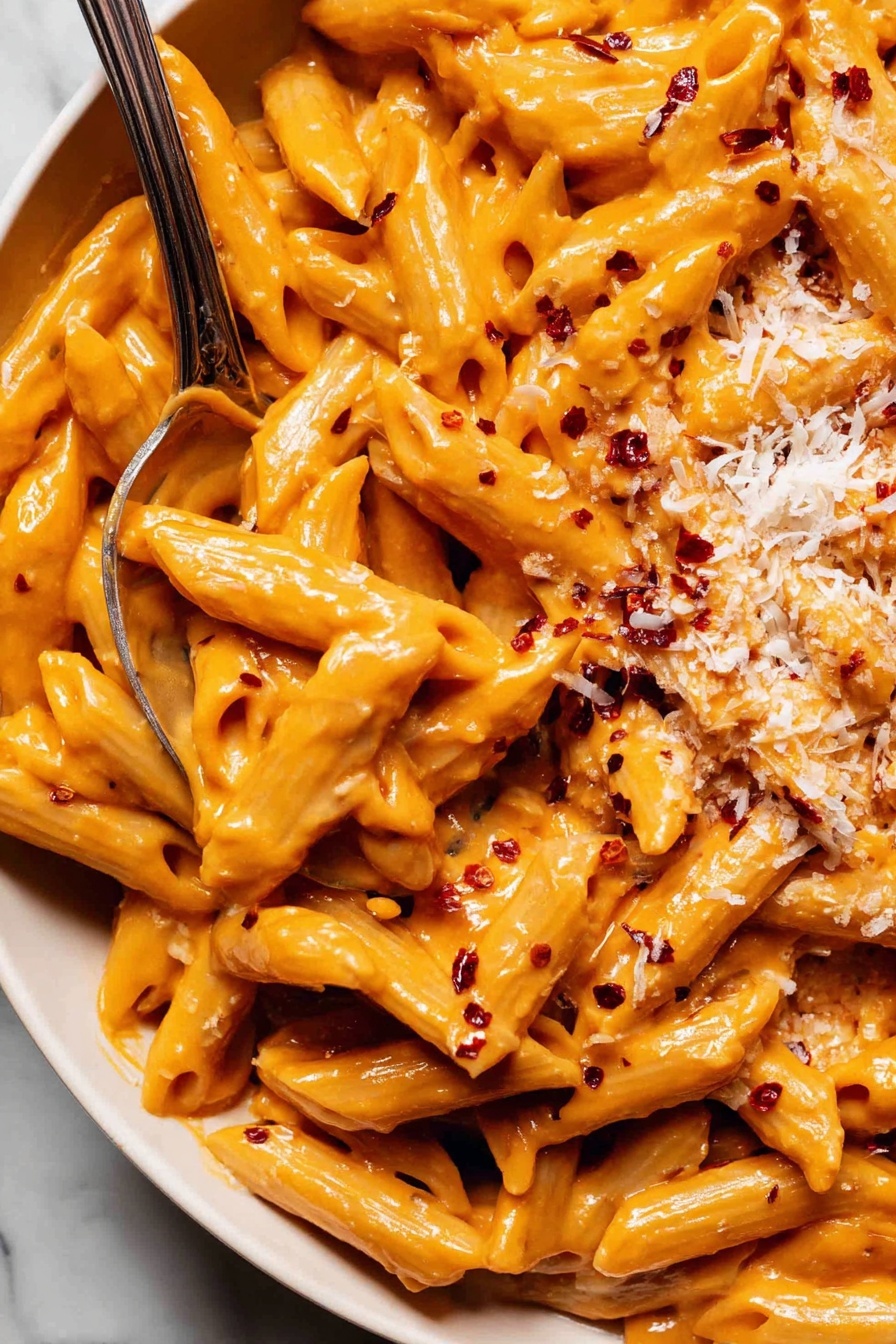 A close-up view of creamy orange penne pasta covered in a thick sauce, with small red chili flakes sprinkled evenly across the surface. There is a layer of finely grated white cheese scattered on top, adding texture and contrast. A silver spoon scoop is partly submerged in the pasta, lifting a small pile of the noodles. The pasta shapes are smooth and tubular, with sauce coating each piece evenly. The dish is set against a white marbled background. photo taken with an iphone --ar 2:3 --v 7