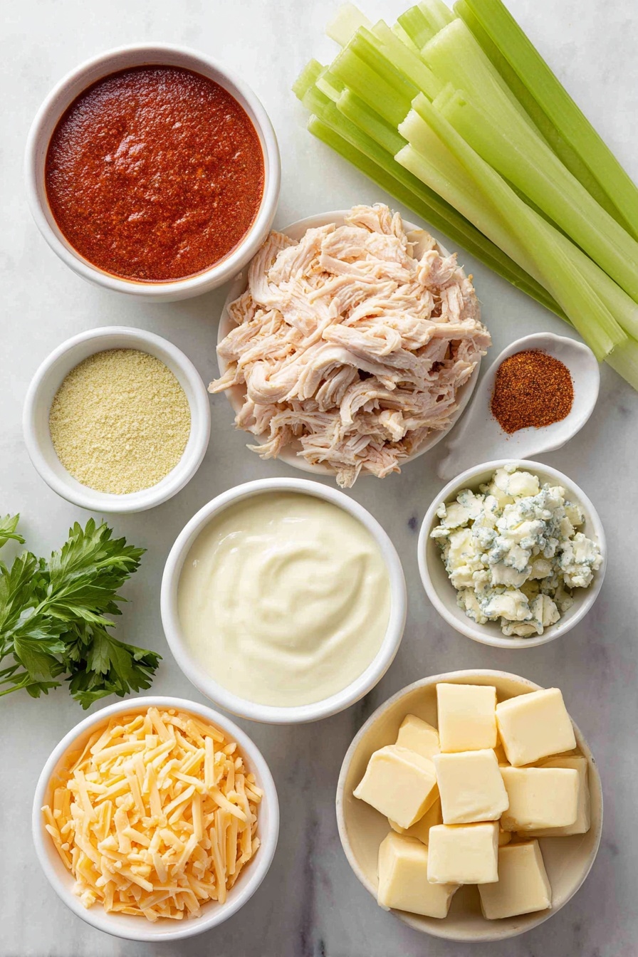 Flat lay of a small white ceramic bowl filled with bright red Frank’s RedHot Buffalo Wings Sauce, a small white ceramic bowl of creamy full-fat sour cream, a small white ceramic bowl holding golden dry ranch dressing seasoning mix, tiny piles of chili powder, smoked paprika, garlic powder, onion powder, and salt arranged symmetrically on the side, a mound of shredded rotisserie chicken with natural brown and white tones, a small white ceramic bowl with crumbled blue cheese showing creamy white and blue veins, two small white ceramic bowls containing finely shredded sharp cheddar cheese in rich orange and finely shredded mozzarella cheese in soft white, a simple white ceramic plate with twelve cubes of smooth full-fat cream cheese, a bunch of fresh green onions with long slender stalks and bright green tops, a small pile of fresh vibrant cilantro sprigs with delicate leaves, fresh whole carrots, celery sticks, and bell pepper slices placed neatly, all placed on a clean white marble surface, soft natural light, photo taken with an iPhone, professional food photography style, fresh ingredients, white ceramic bowls, no bottles, no duplicates, no utensils, no packaging --ar 2:3 --v 7 --p m7354615311229779997