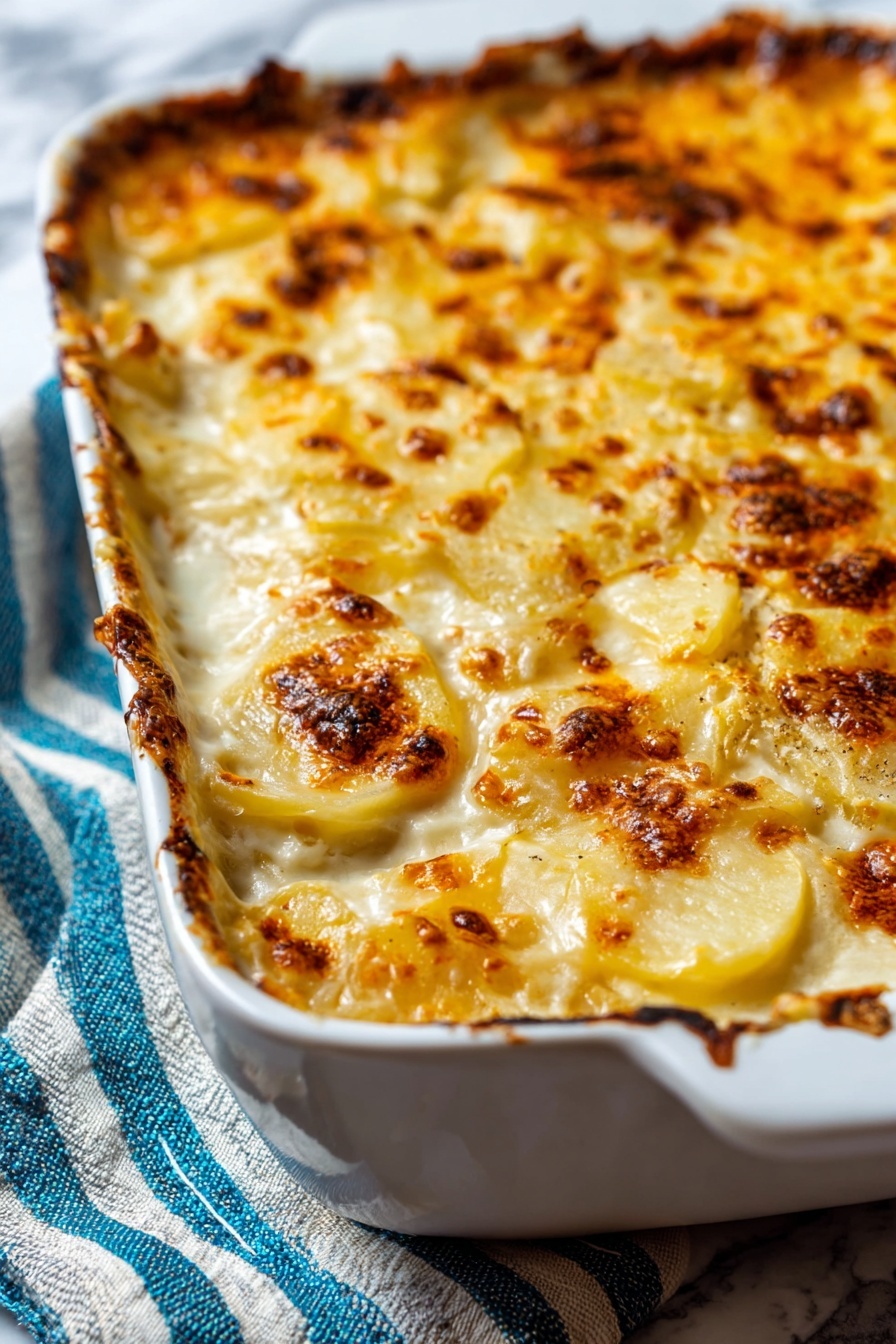 A white rectangular casserole dish shows a creamy layered potato gratin with about six layers of thinly sliced potatoes. The top layer is golden brown with spots of darker brown where the cheese has bubbled and crisped. The edges have a slight crust from baking, and the creamy sauce beneath is visible where a portion has been scooped out, showing soft, tender potato slices stacked tightly in a white sauce. The dish rests on a white marbled surface with a folded blue and white striped cloth nearby. Photo taken with an iphone --ar 2:3 --v 7