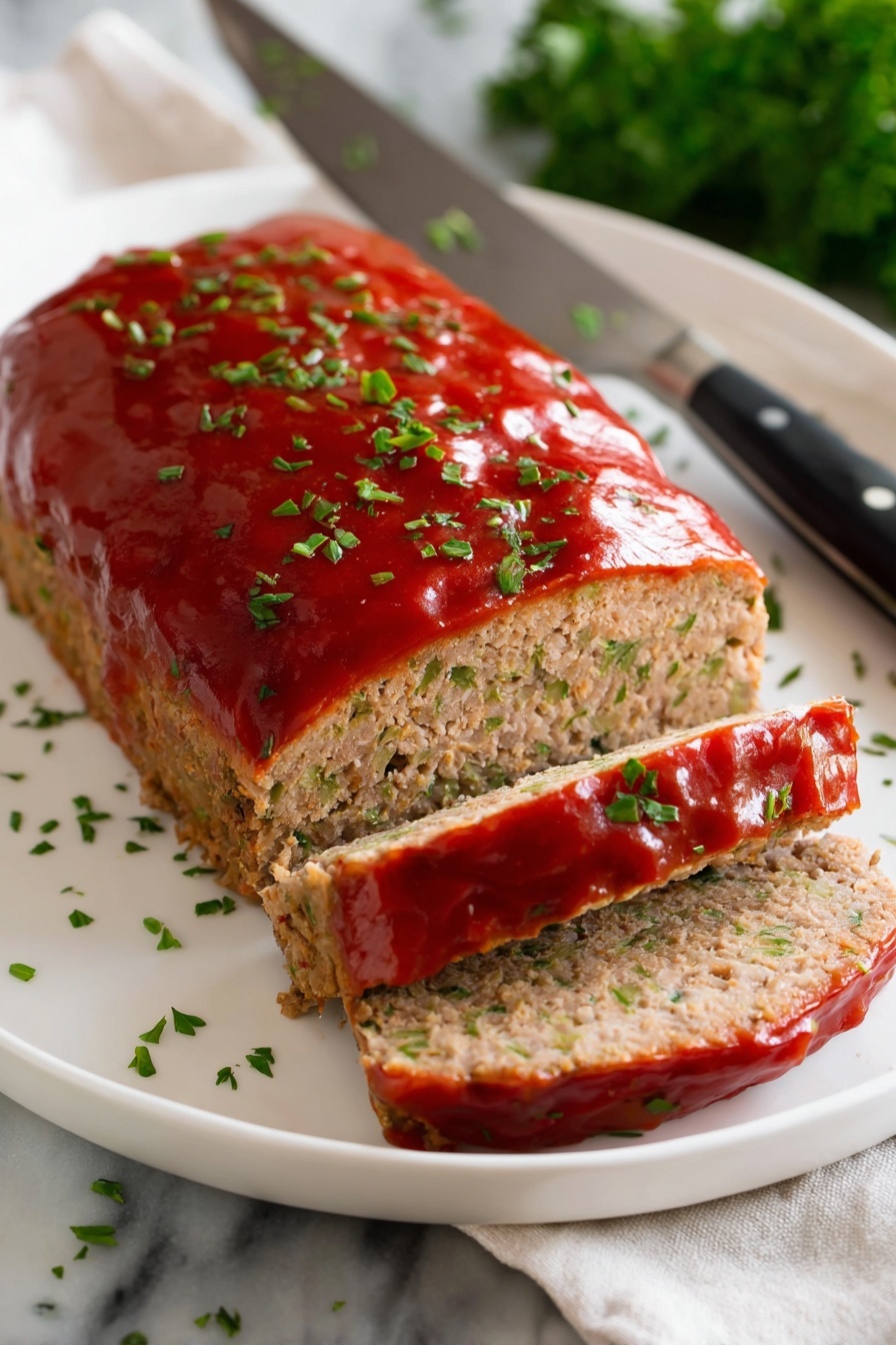 A loaf shaped meat dish with a shiny red sauce evenly spread over the top and sides, garnished with small green herb pieces. The dish rests on a white plate, with two thick slices cut from the front showing a dense, light brown interior mixed with green flecks. The plate sits on a white marbled surface, with a knife with a black handle placed next to it and some loose herbs sprinkled around. Green parsley leaves are visible blurred in the background. photo taken with an iphone --ar 2:3 --v 7