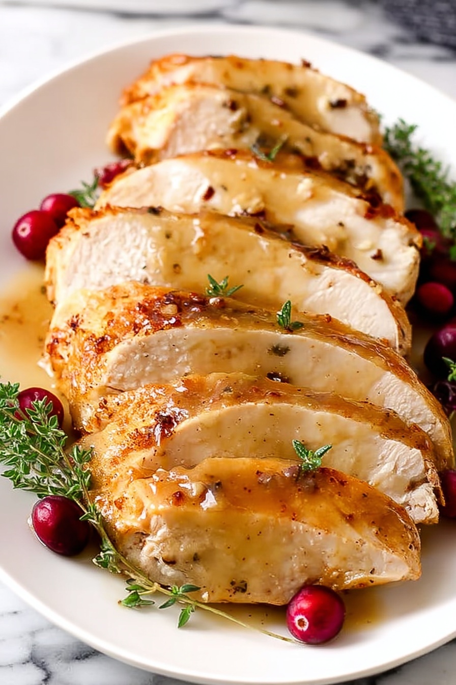 A white plate holds six slices of roasted meat arranged side by side in a fan shape, each slice golden brown with visible seasoning and a slightly crispy texture on the edges, topped with a light, shiny sauce. Around the meat, there are sprigs of fresh green thyme and bright red berries scattered for decoration. In the background, a white bowl filled with a smooth, light brown gravy and a modern cooker with a digital panel sit on a white marbled surface. Photo taken with an iphone --ar 2:3 --v 7