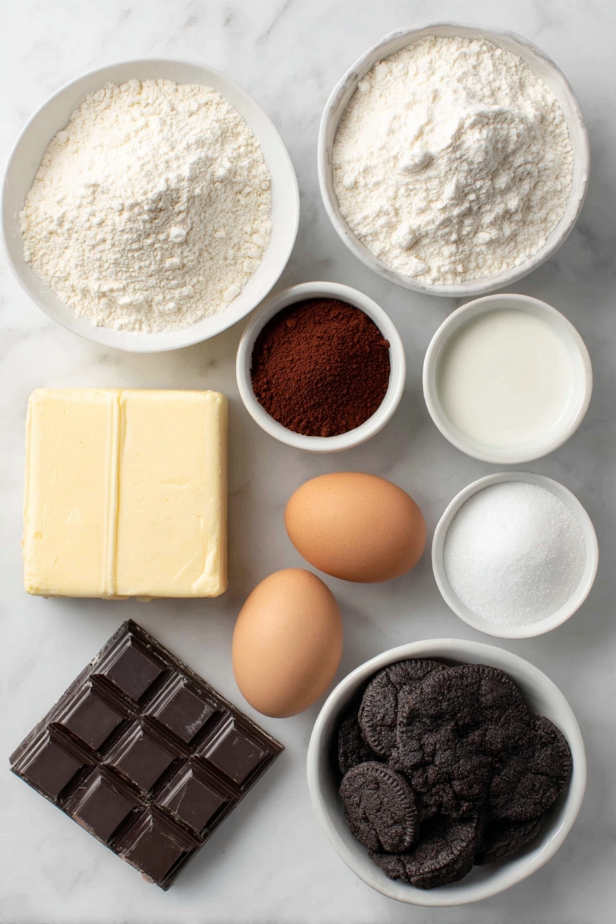 Flat lay of a small heap of all-purpose flour, a small mound of Dutch cocoa powder with its deep reddish-brown color, a smaller pile of intense black cocoa powder, a small pile of white cornstarch, a small pile of powdered milk, a small heap of fine granulated sugar, a half cup of salted butter cut into neat rectangular pats, two whole brown eggs with clean shells, a small white ceramic bowl filled with whole milk, a small white ceramic bowl of pure vanilla extract, a block of softened cream cheese, a small white ceramic bowl of powdered sugar, a small white ceramic bowl with vanilla bean paste, and a small white ceramic bowl containing round milk chocolate melting wafers — all placed on a clean white marble surface, soft natural light, photo taken with an iPhone, professional food photography style, fresh ingredients, white ceramic bowls, no bottles, no duplicates, no utensils, no packaging --ar 2:3 --v 7 --p m7354615311229779997