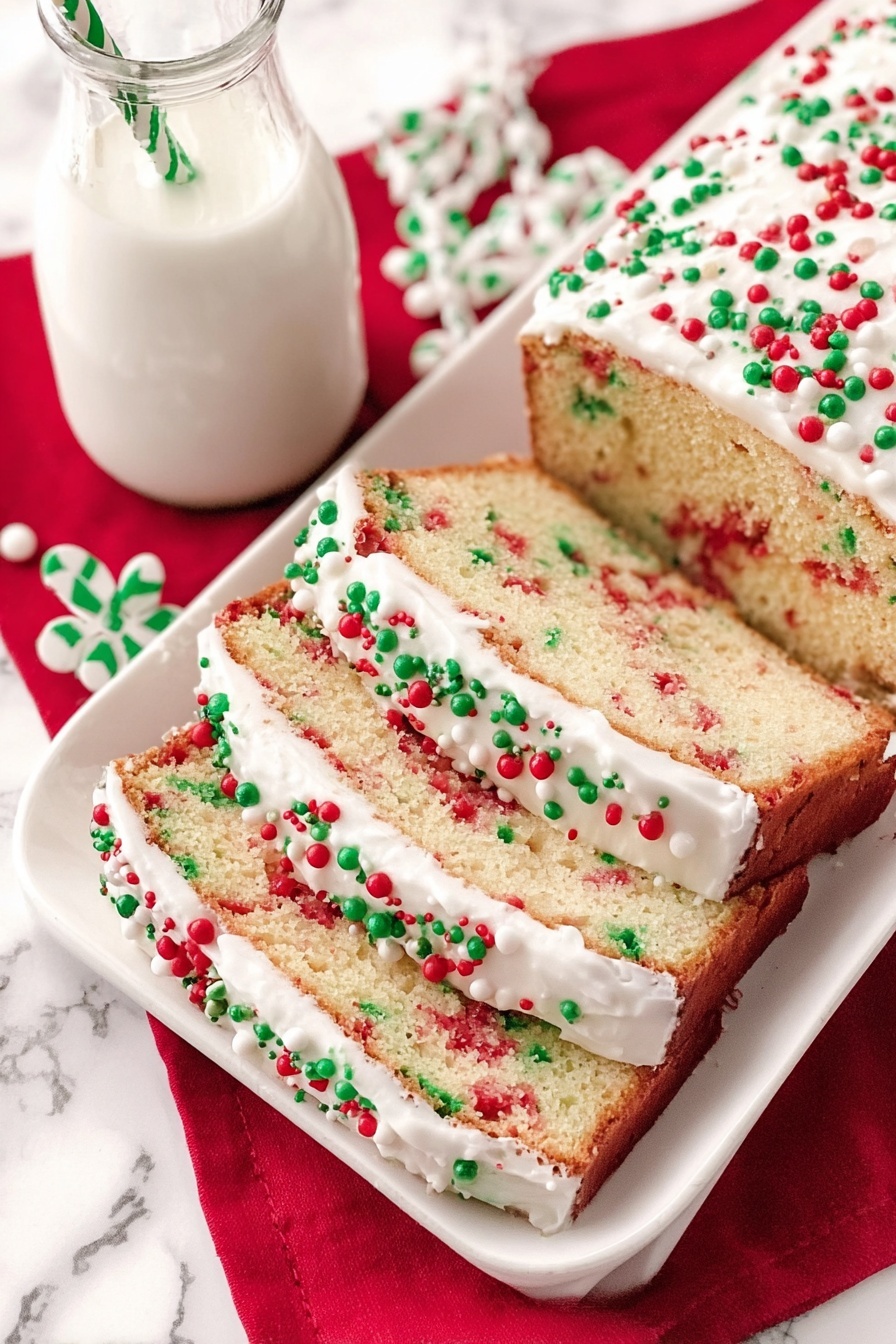 A white rectangular plate holds a sliced cake with three large slices arranged in a slightly overlapping way. The cake has a light beige color filled with red and green specks inside. It is covered with a smooth white frosting on top and sides, decorated with red, green, and white thin and round sprinkles. The plate sits on a red cloth, with a clear glass jug of milk next to it, partially visible with a green and white striped straw. The background is a white marbled surface. photo taken with an iphone --ar 2:3 --v 7