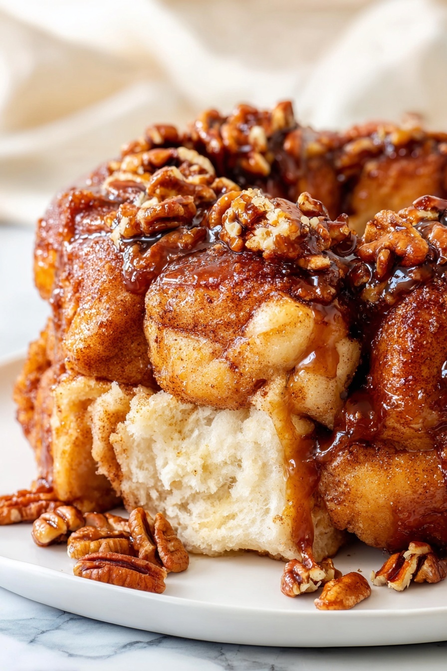 A round, bundt-shaped cake with a deep brown color is shown on a white plate, placed on a white marbled surface. The cake has many thick layers stacked close together with a sticky, shiny brown glaze covering the whole top and sides. On top, there are many pieces of chopped pecans spread evenly, adding texture and a contrasting light brown color. The glaze looks smooth and thick, dripping slightly over the edges of the cake. The center hole of the bundt cake is clearly visible, showing the cake’s curved shape. photo taken with an iphone --ar 2:3 --v 7