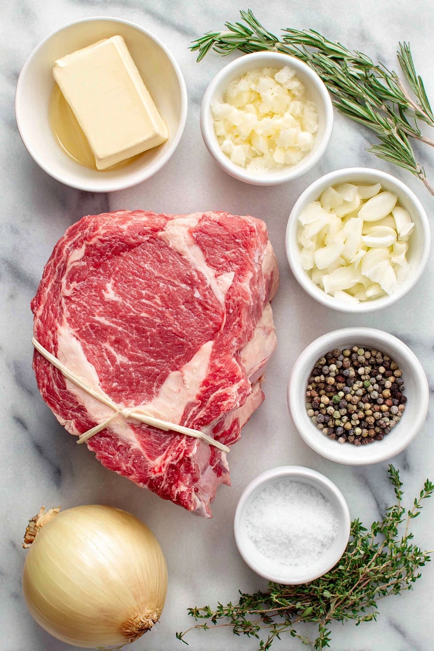 Flat lay of a large raw prime rib roast with bones tied back, a small white ceramic bowl of softened butter, a small white ceramic bowl with minced garlic cloves, a small white ceramic bowl of coarse kosher salt, a few sprigs of fresh thyme, a few sprigs of fresh rosemary, a small white ceramic bowl of black peppercorns, and a medium yellow onion quartered placed on a clean white marble surface, soft natural light, photo taken with an iPhone, professional food photography style, fresh ingredients, white ceramic bowls, no bottles, no duplicates, no utensils, no packaging --ar 2:3 --v 7 --p m7354615311229779997