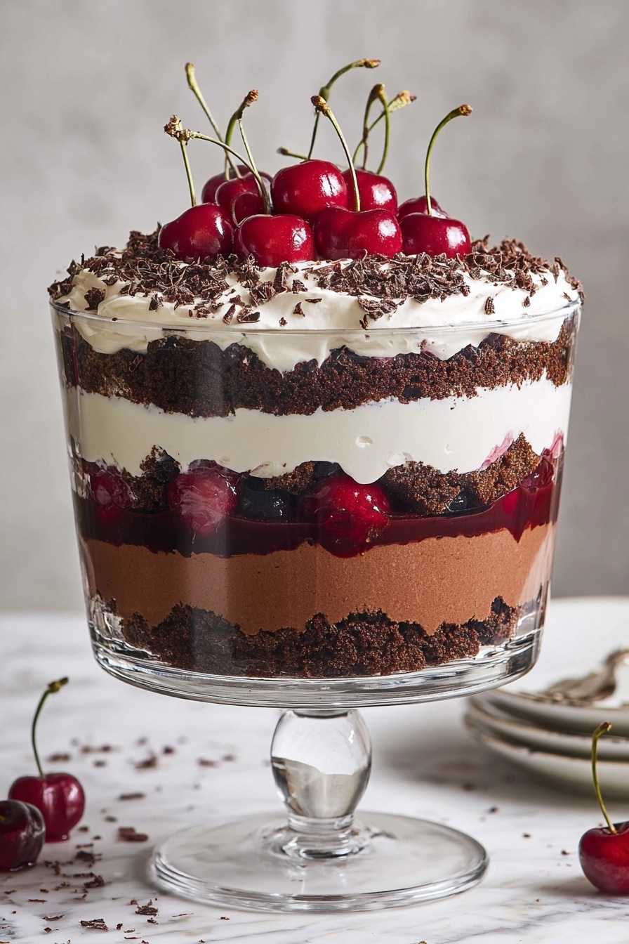 This dessert is shown in a tall clear glass bowl on a glass stand, placed on a white marbled surface. It has six visible layers: starting from the bottom, there is a dark brown crumbly cake layer, then a smooth medium brown chocolate layer, followed by a thin dark red cherry sauce layer, a thick white cream layer, another dark brown crumbly cake layer, and a final medium brown chocolate layer. On top, there is a thick white cream layer spotted with dark brown chocolate shavings, and fresh bright red cherries with green stems sit on the very top. Photo taken with an iphone --ar 2:3 --v 7